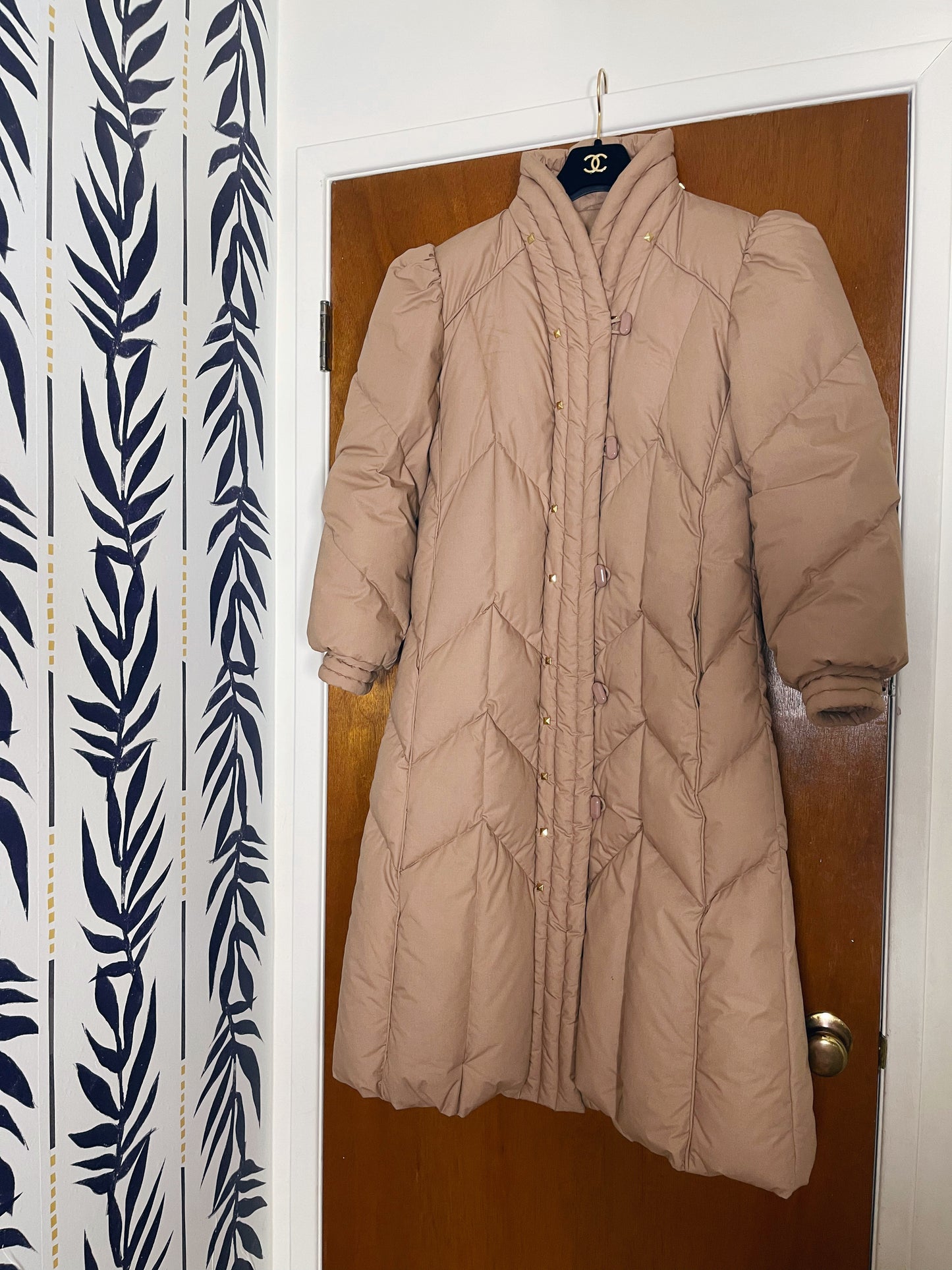 1980s Down  Puffer High Collar Down Quilted Long Coat Gold Studs Accent S-L