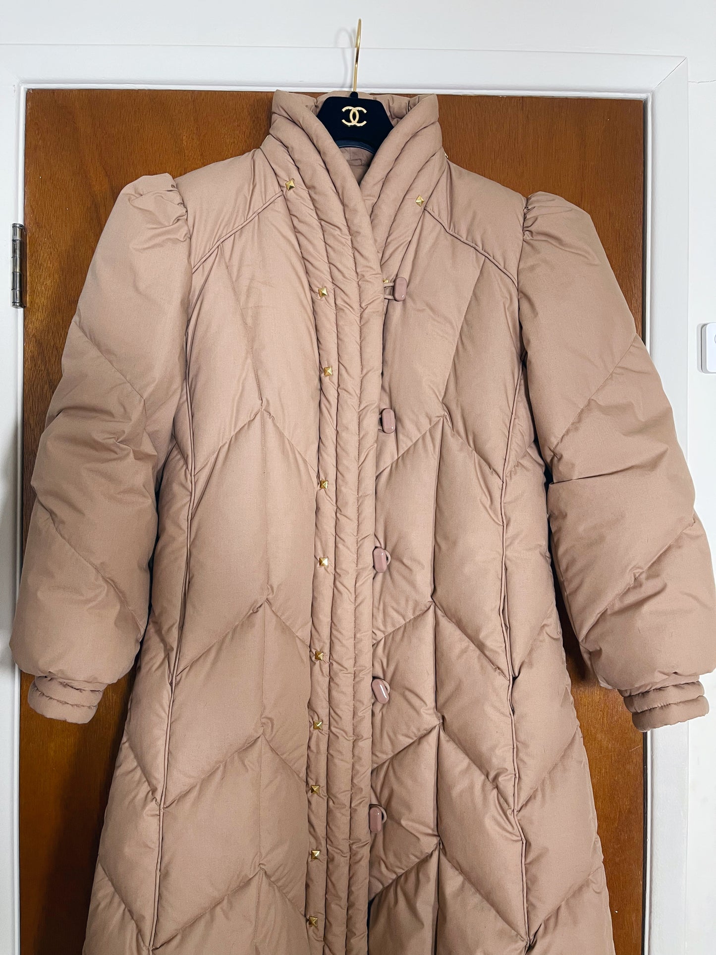 1980s Down  Puffer High Collar Down Quilted Long Coat Gold Studs Accent S-L