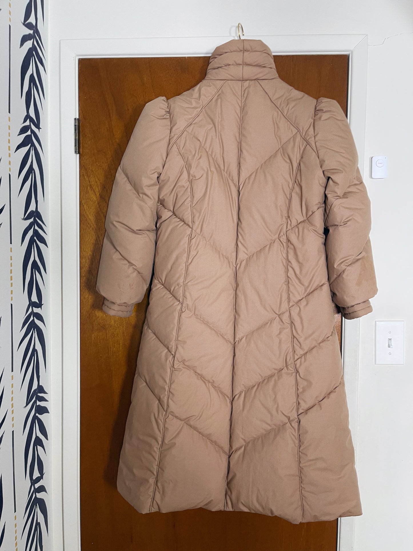 1980s Down  Puffer High Collar Down Quilted Long Coat Gold Studs Accent S-L