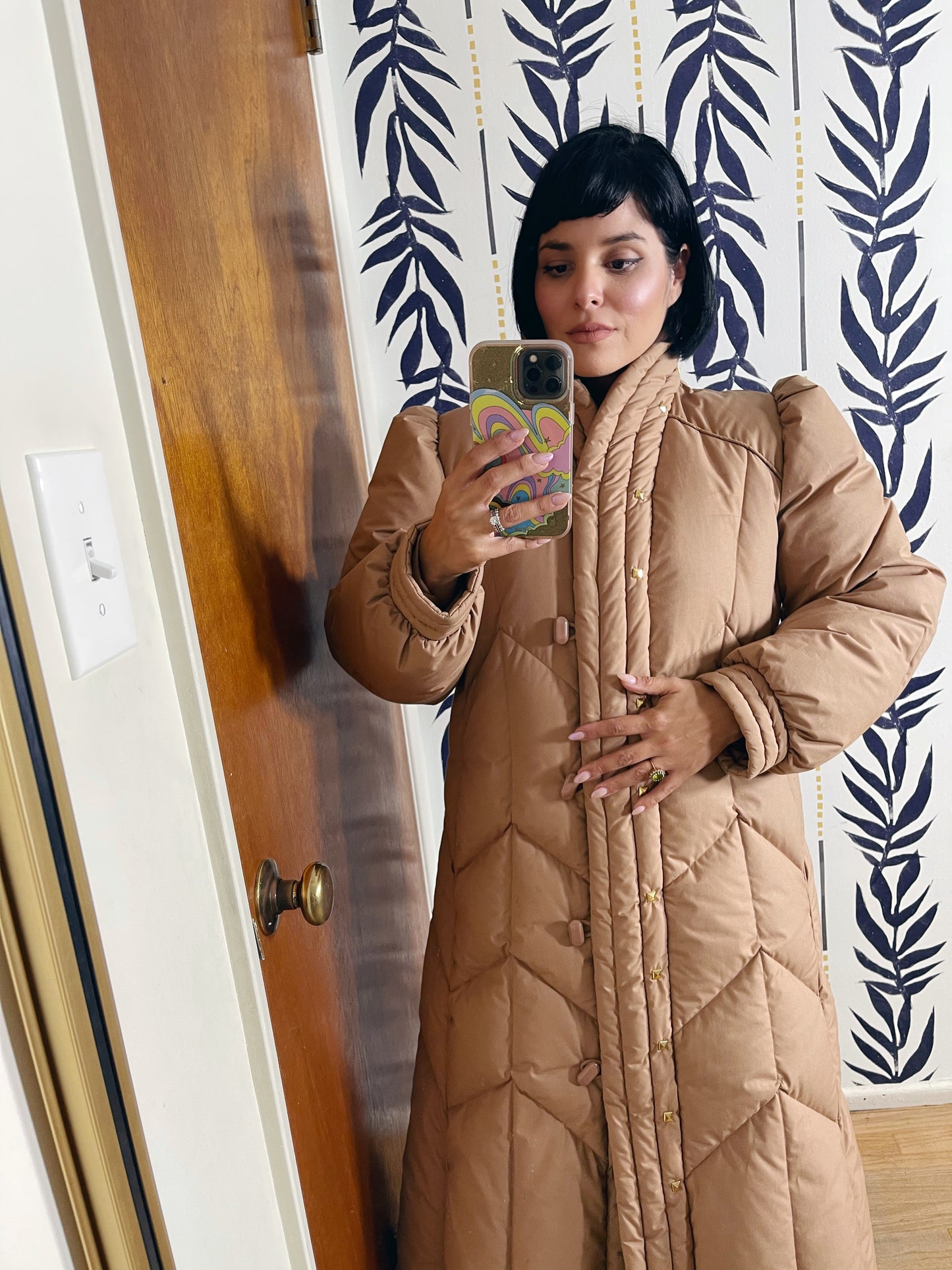 1980s Down  Puffer High Collar Down Quilted Long Coat Gold Studs Accent S-L