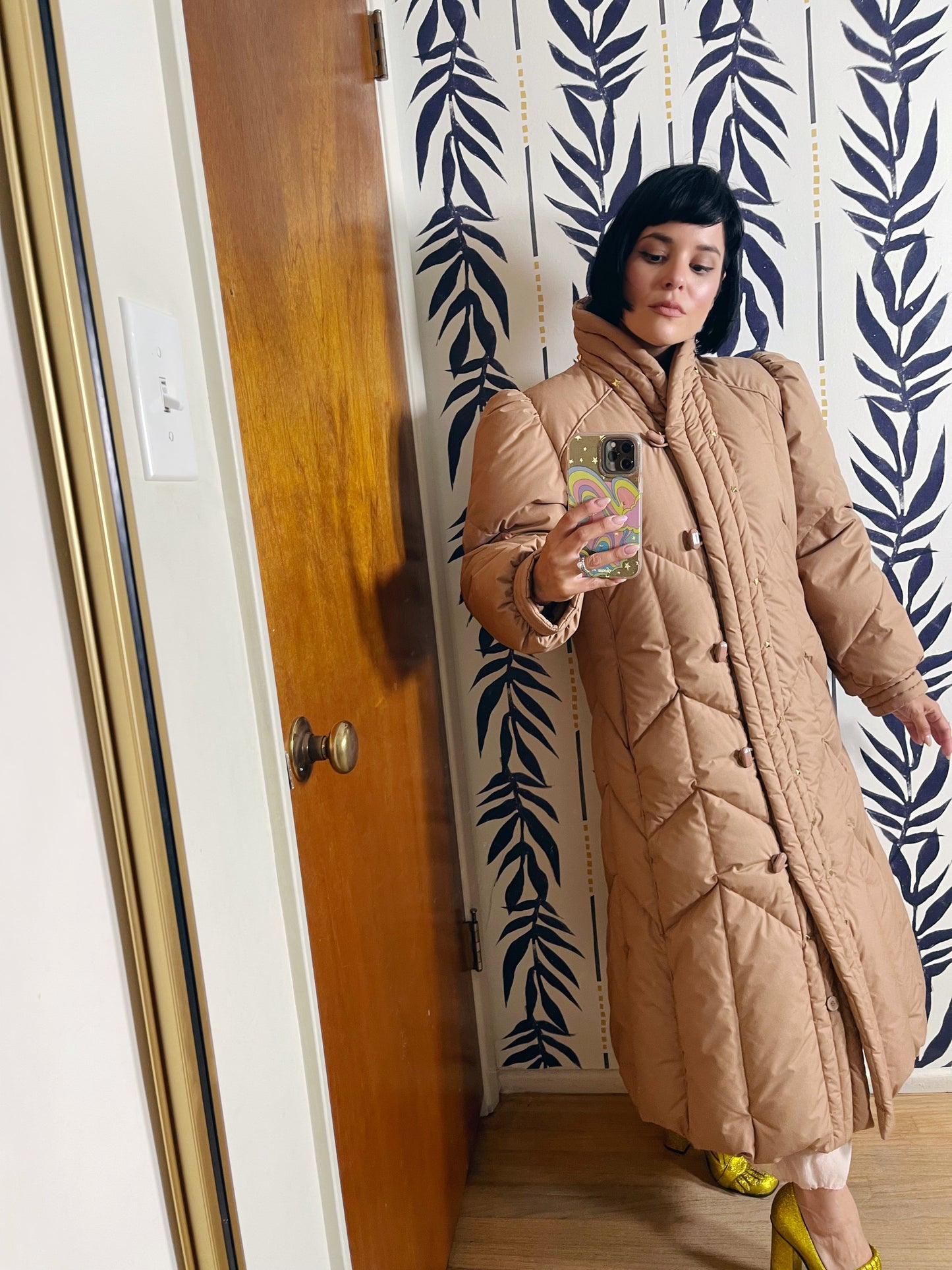 1980s Down  Puffer High Collar Down Quilted Long Coat Gold Studs Accent S-L