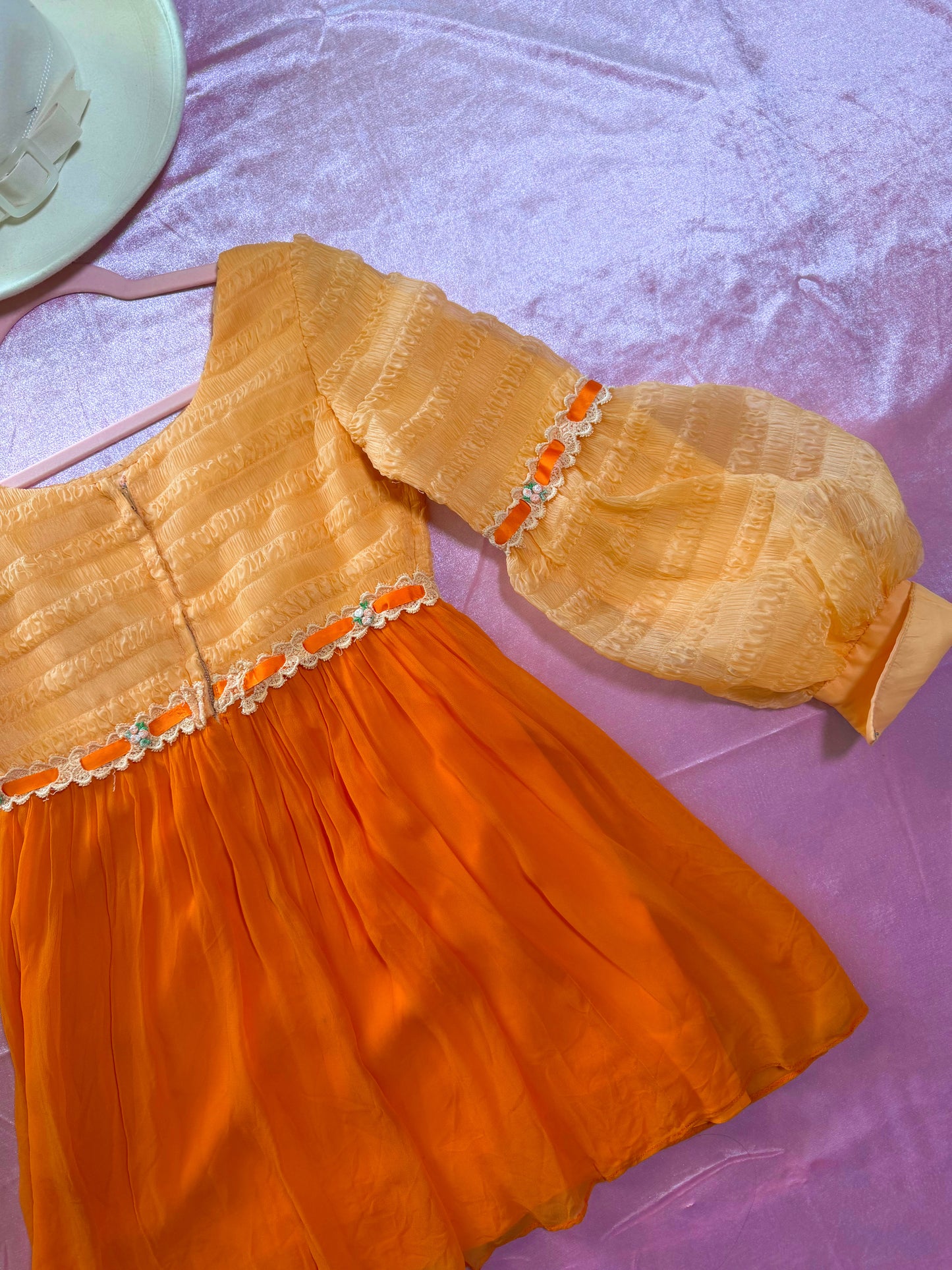 Vintage 60s Peachy Chiffon Juliet Mini Dress XS