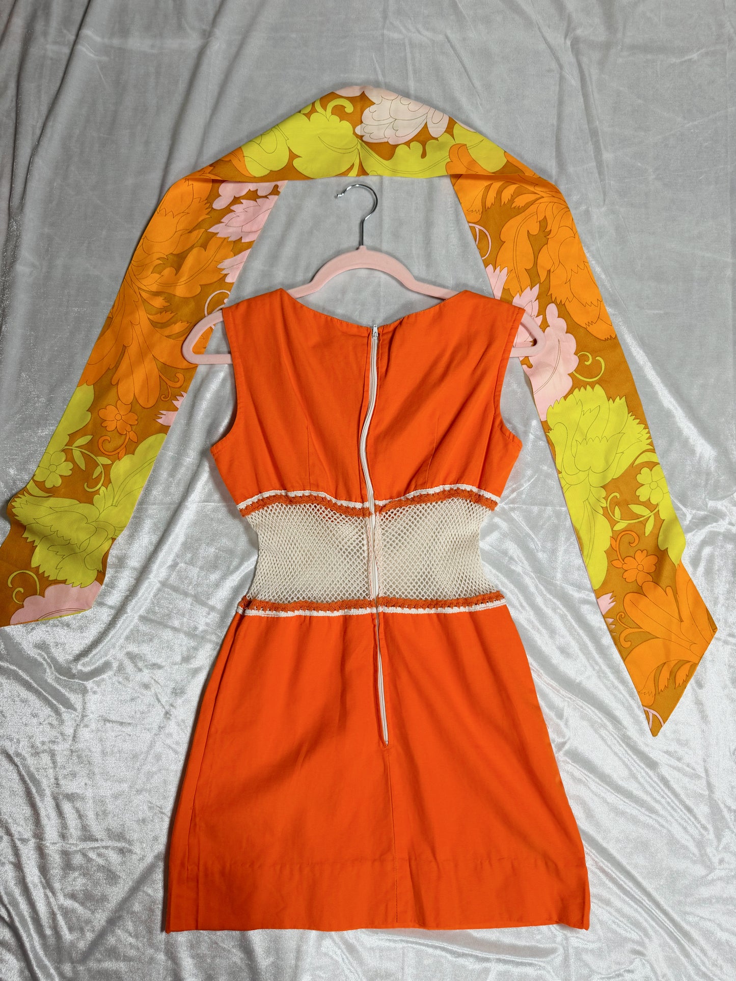 Vintage Mod GO-GO Dancer 60s Orange and Mesh Mini Dress Fits XS-SM and Possible size M