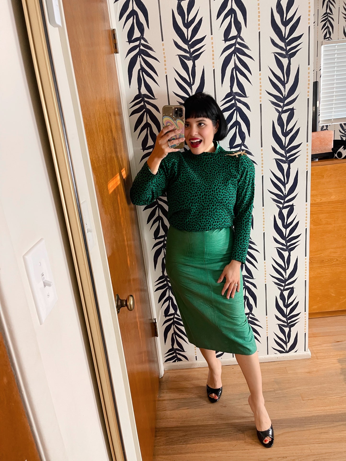 Vintage 3 Piece Set Leather Green Soft textured Jacket Skirt Blouse Set Fits Sizes XS-SM & Possible Size M