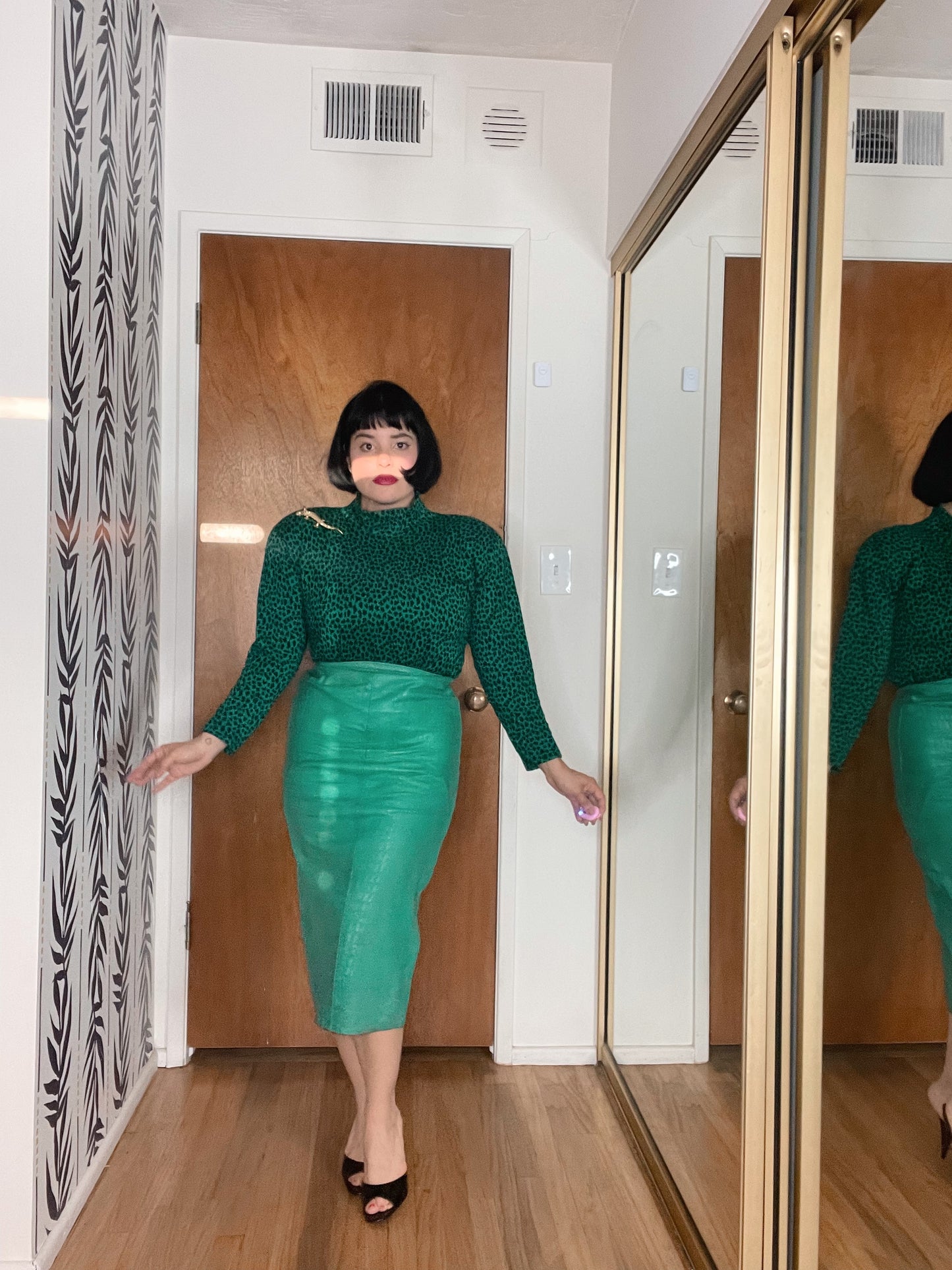 Vintage 3 Piece Set Leather Green Soft textured Jacket Skirt Blouse Set Fits Sizes XS-SM & Possible Size M