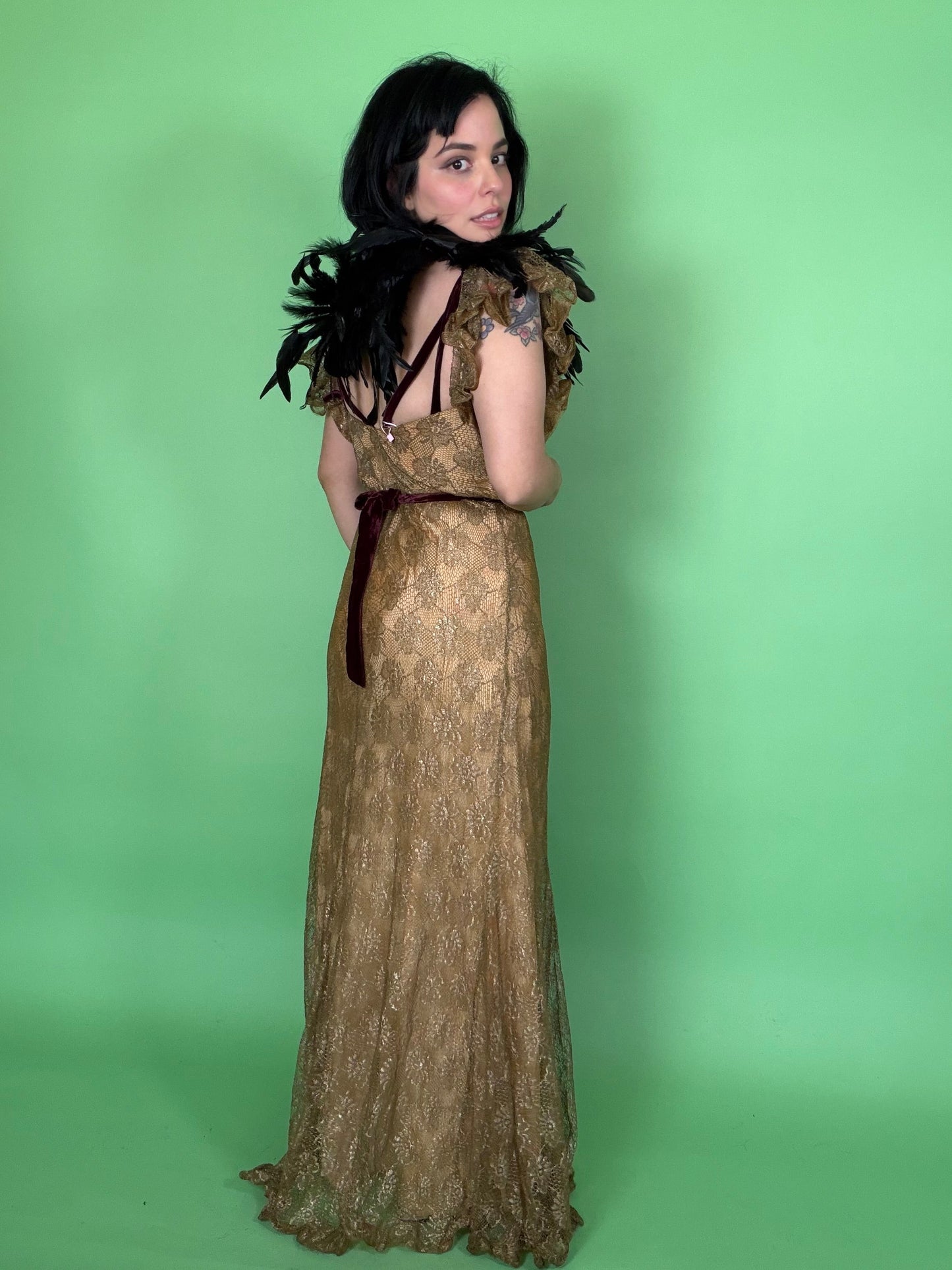 Vintage 30s Bronze Metallic Lace with Velvet Detail Gown Fits XS-SM & Possible size M