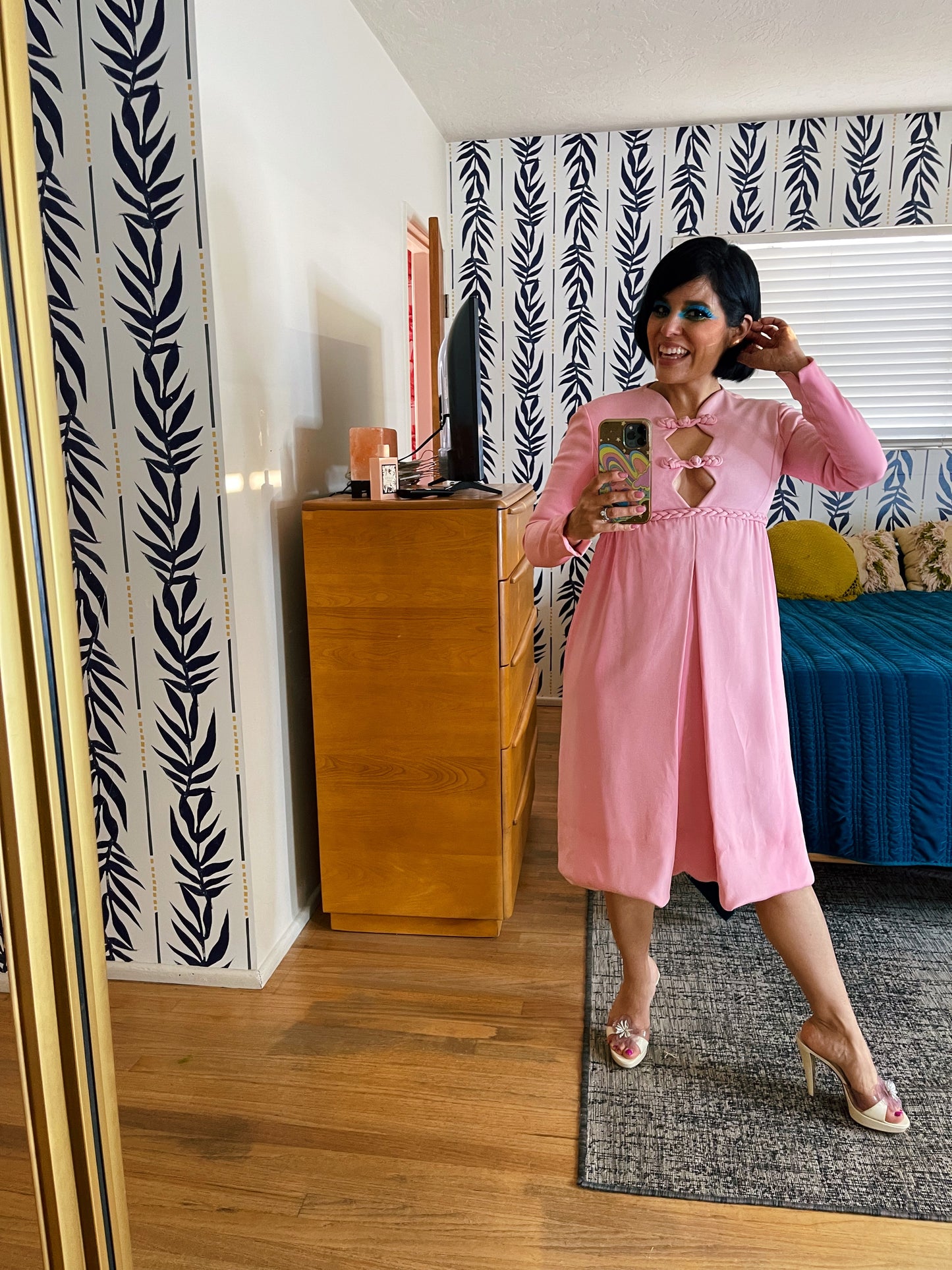 Vintage 60s Peekaboo Front Bubblegum Pink Empire Waist Dress Fits Sizes XS-SM