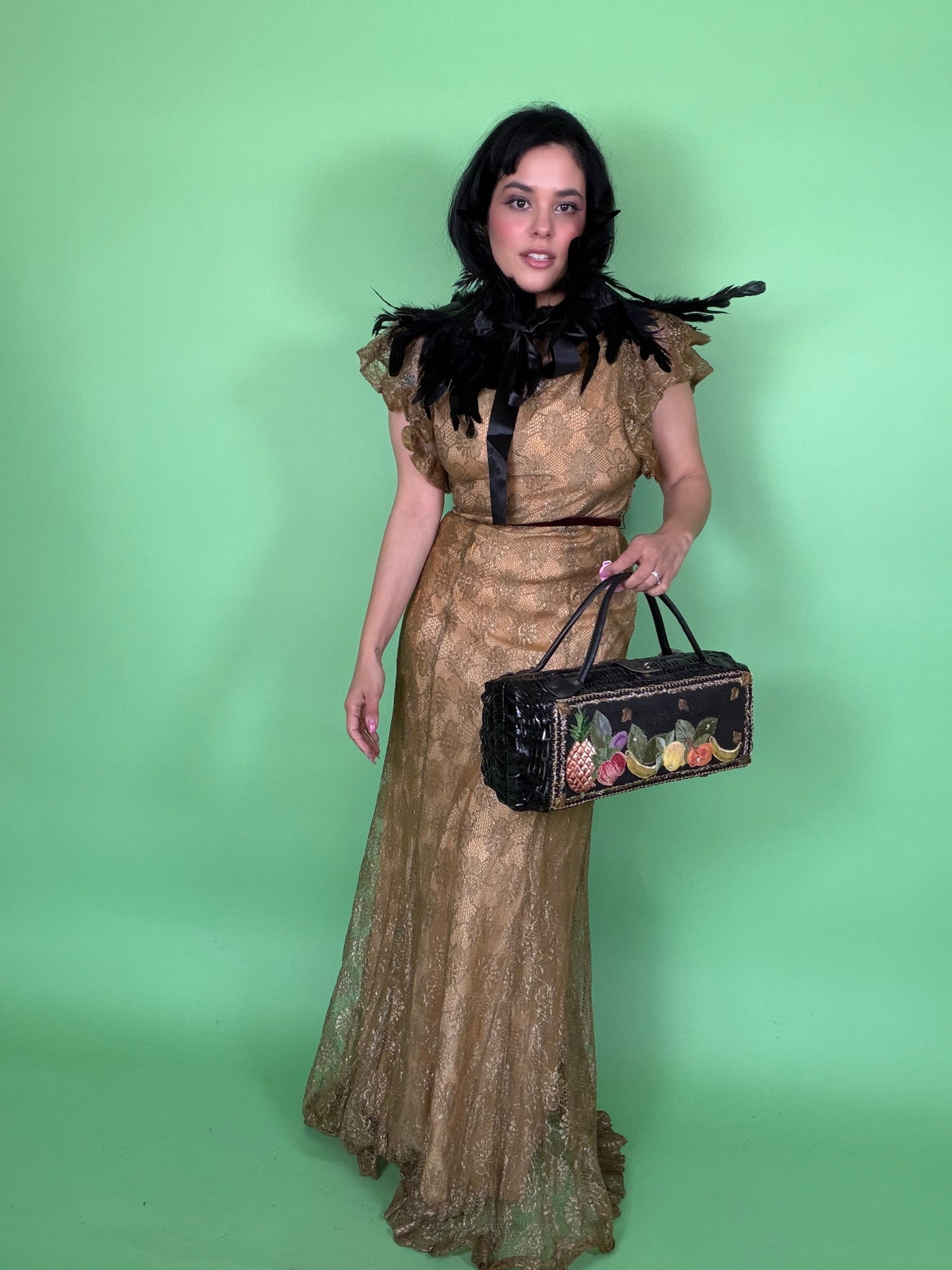 Vintage 50s Black Wicker Oversized Fruit Leather Detail Handbag