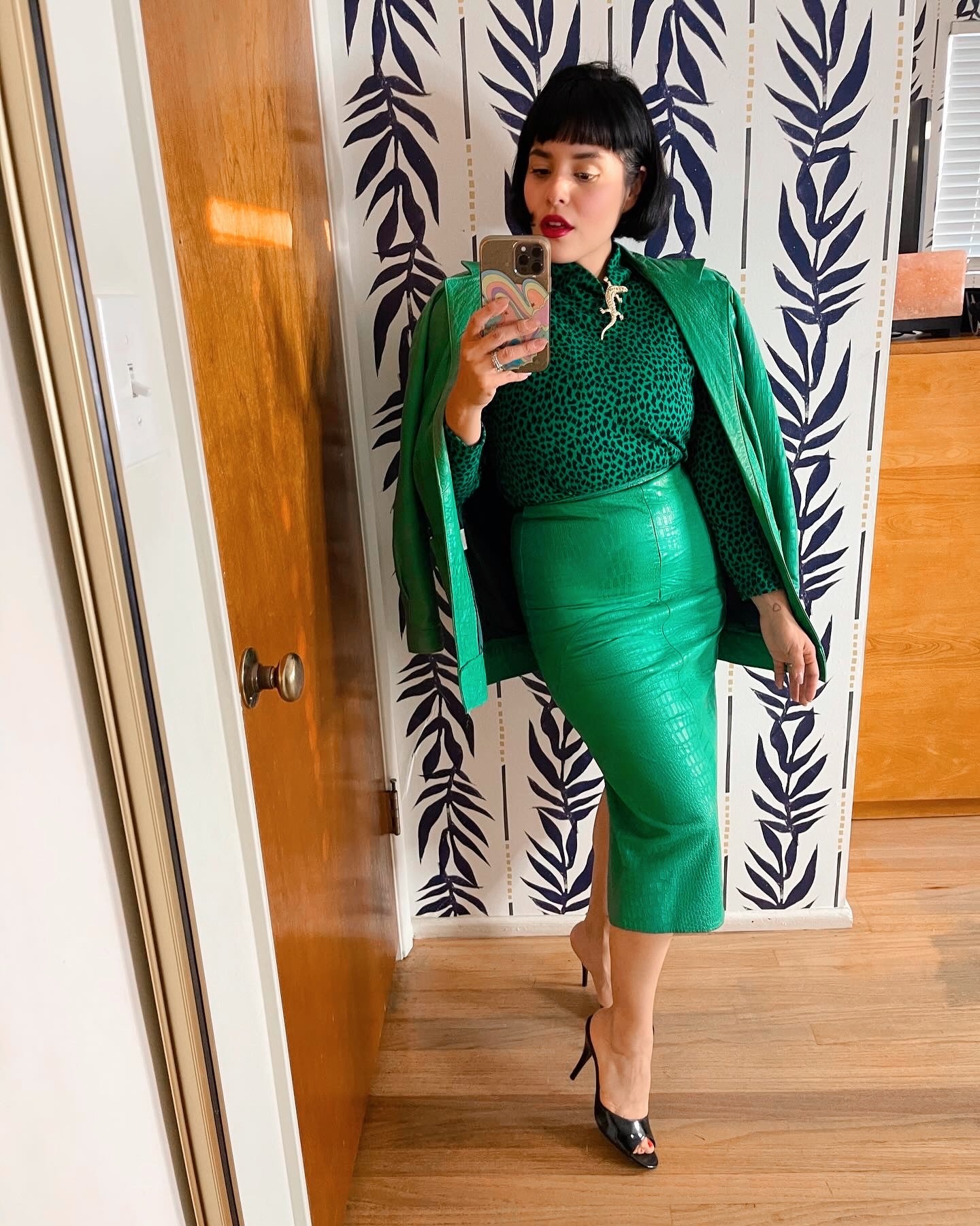 Vintage 3 Piece Set Leather Green Soft textured Jacket Skirt Blouse Set Fits Sizes XS-SM & Possible Size M