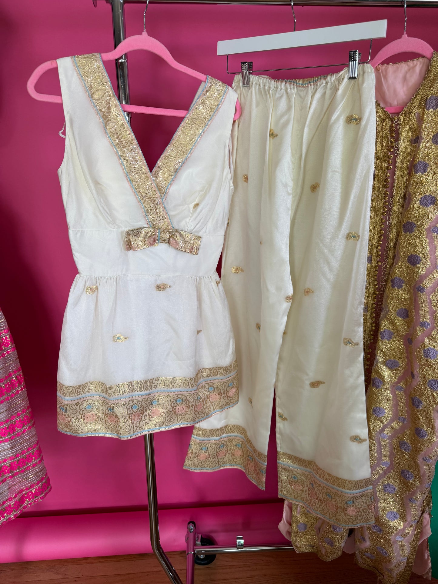Vintage 60s White & Champagne Gold Silk Pant Set Fits XS-SM