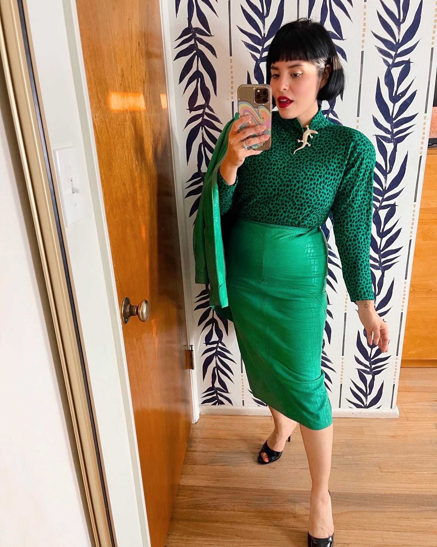 Vintage 3 Piece Set Leather Green Soft textured Jacket Skirt Blouse Set Fits Sizes XS-SM & Possible Size M