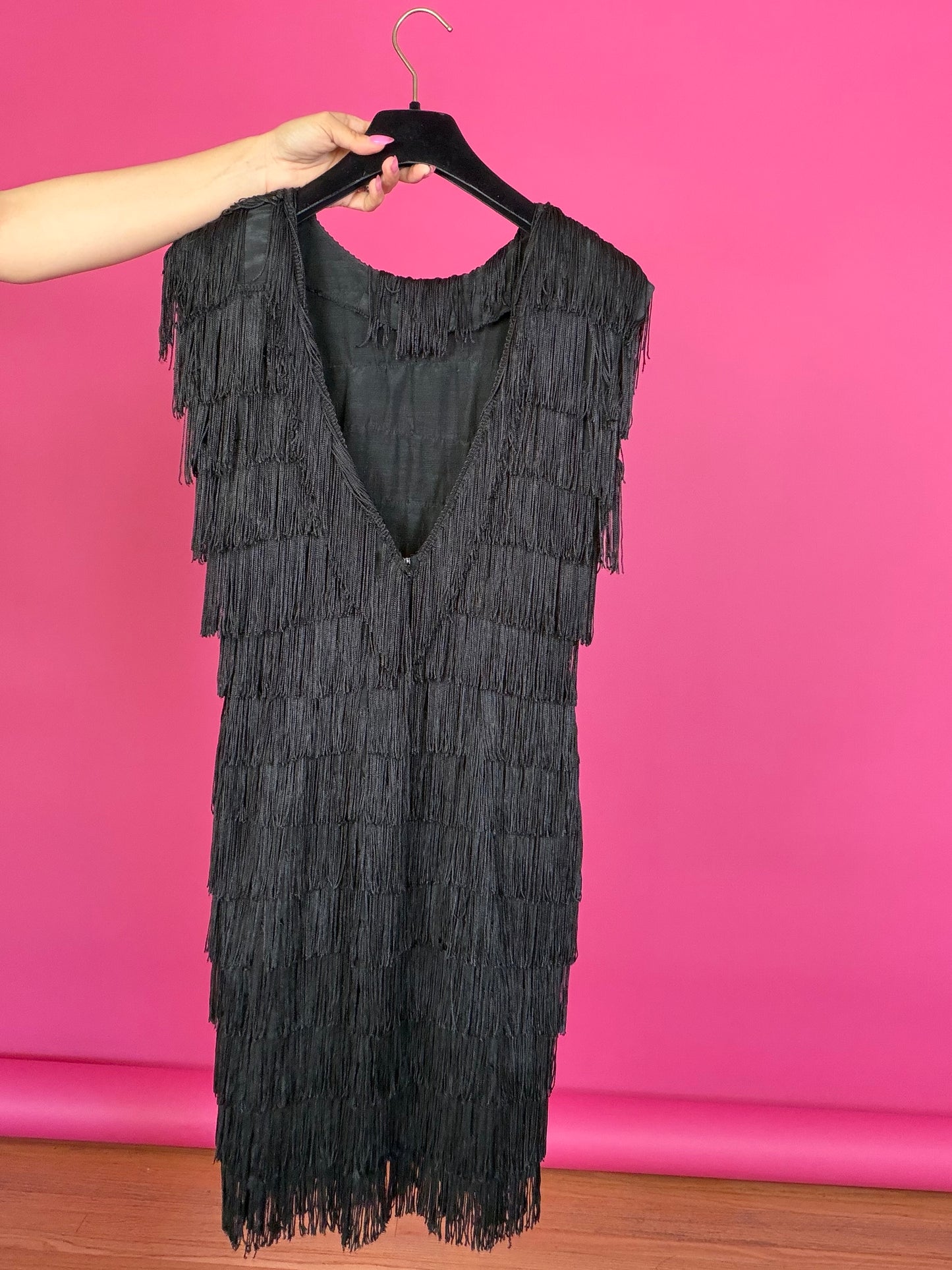 Vintage 70s / 80s Black Fringe Wiggle Dress Made by Roberta