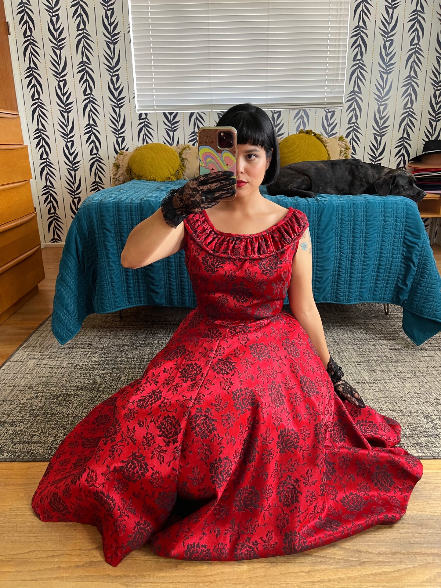 Vintage 50s / 60s Damask Red & Black floral Design A-line Full Skirt Dress fits size S