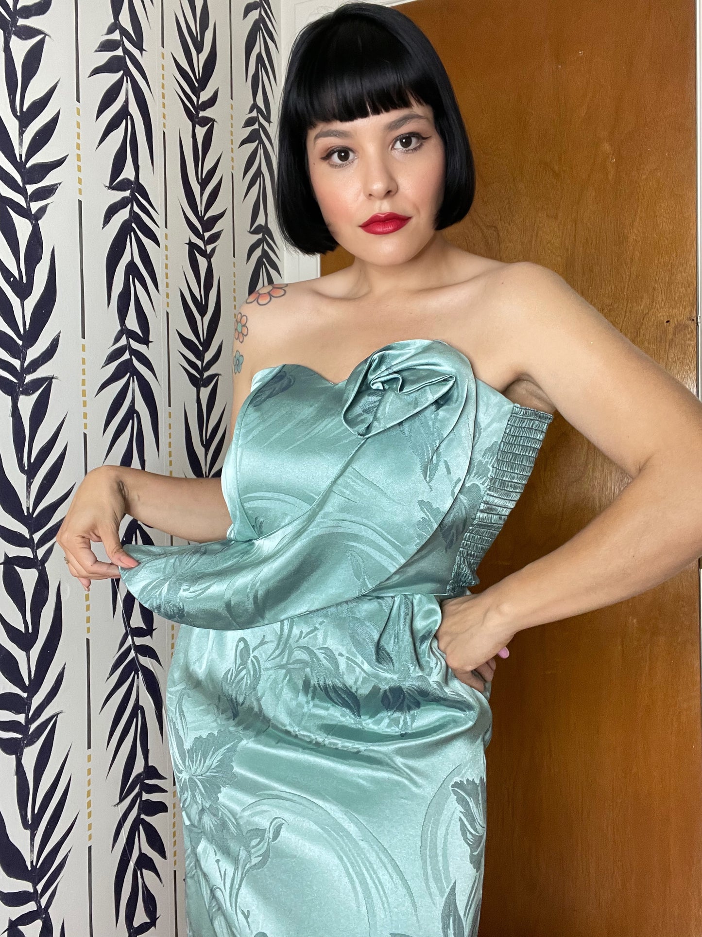 Vintage 80s Sage Green Silk Blend One Shoulder 3-D Flower Wiggle Dress Fits Sizes S-M