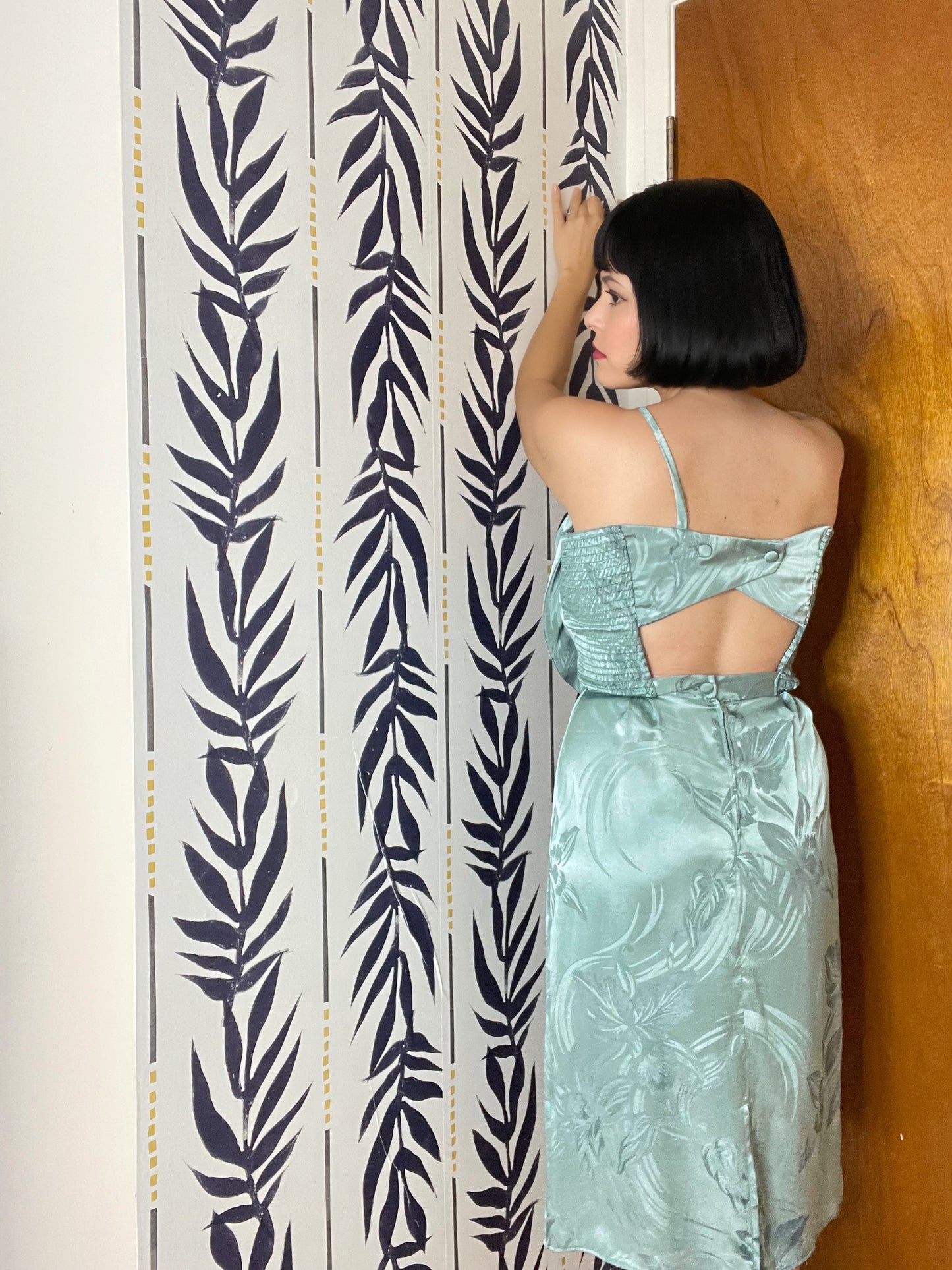 Vintage 80s Sage Green Silk Blend One Shoulder 3-D Flower Wiggle Dress Fits Sizes S-M