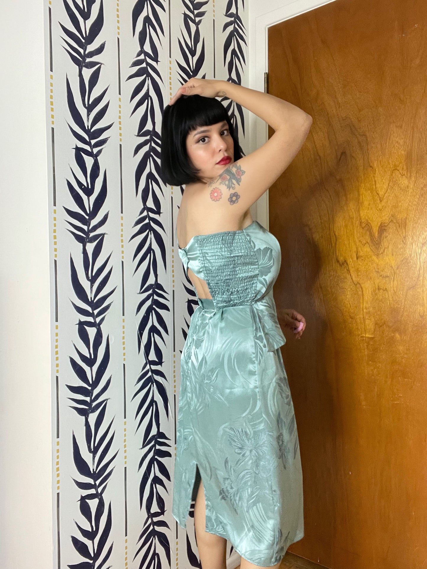 Vintage 80s Sage Green Silk Blend One Shoulder 3-D Flower Wiggle Dress Fits Sizes S-M