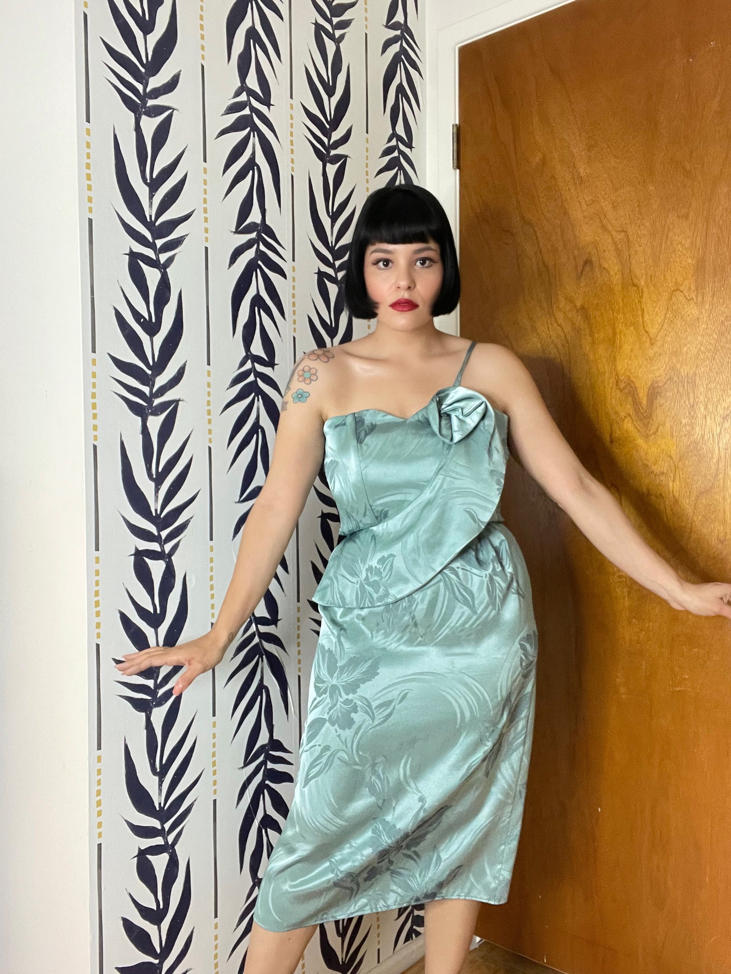 Vintage 80s Sage Green Silk Blend One Shoulder 3-D Flower Wiggle Dress Fits Sizes S-M