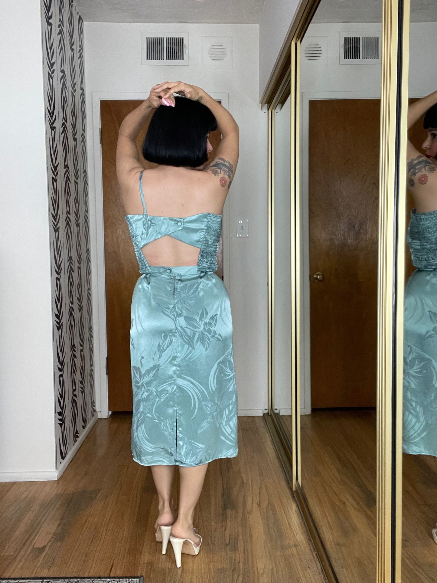 Vintage 80s Sage Green Silk Blend One Shoulder 3-D Flower Wiggle Dress Fits Sizes S-M