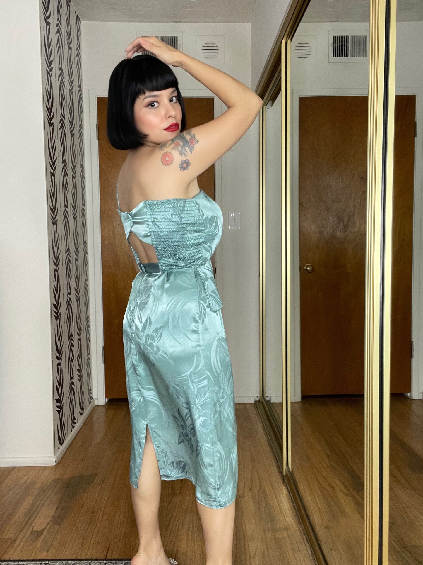 Vintage 80s Sage Green Silk Blend One Shoulder 3-D Flower Wiggle Dress Fits Sizes S-M