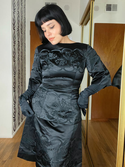 Vintage 50s / 60s Black Silk Satin Two Piece Dress Set Fits Sizes XS-S