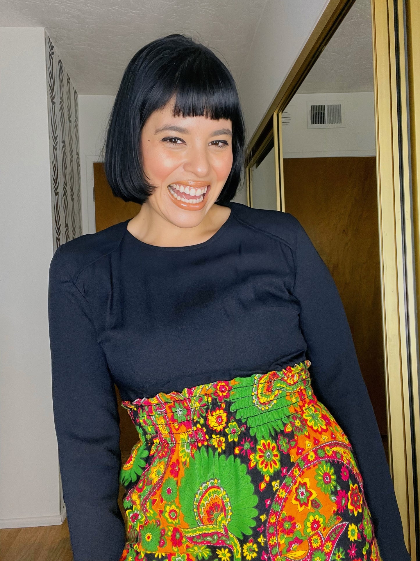 Vintage 60s / 70s Smock Waist Paisley Neon Print Romper with Matching Scarf Fits Sizes XS-SM