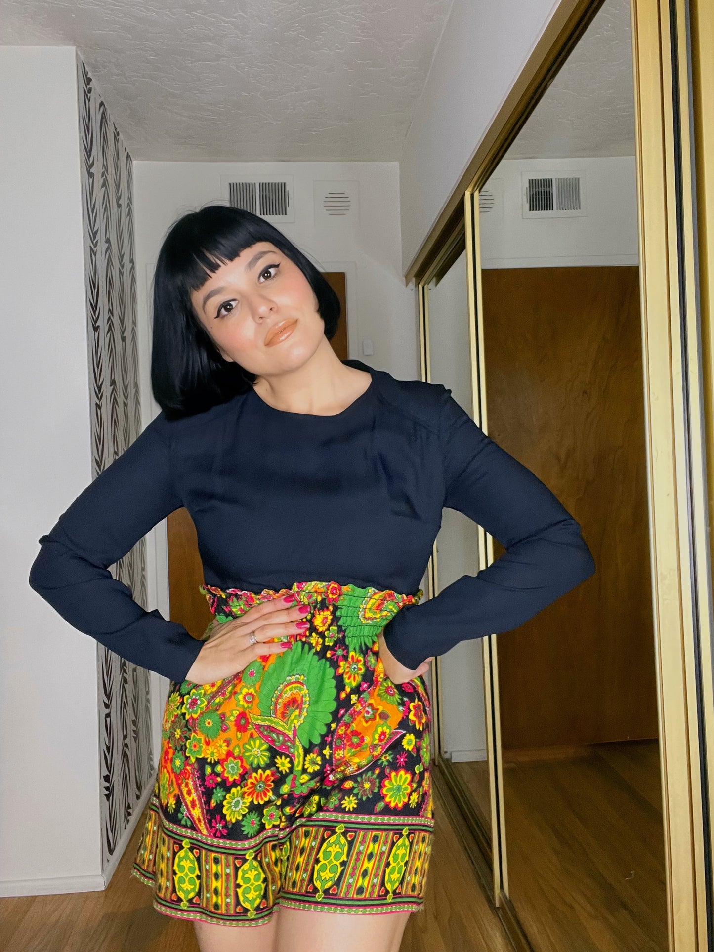 Vintage 60s / 70s Smock Waist Paisley Neon Print Romper with Matching Scarf Fits Sizes XS-SM