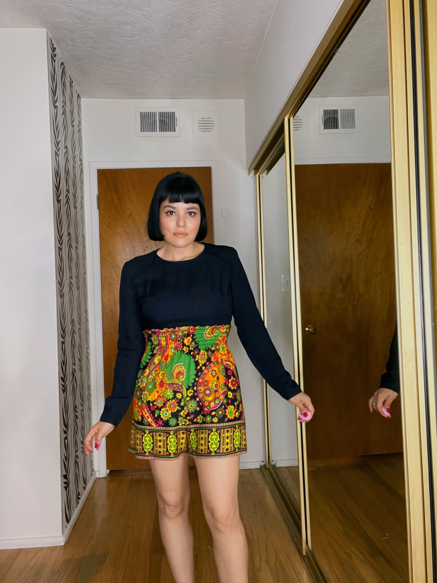 Vintage 60s / 70s Smock Waist Paisley Neon Print Romper with Matching Scarf Fits Sizes XS-SM