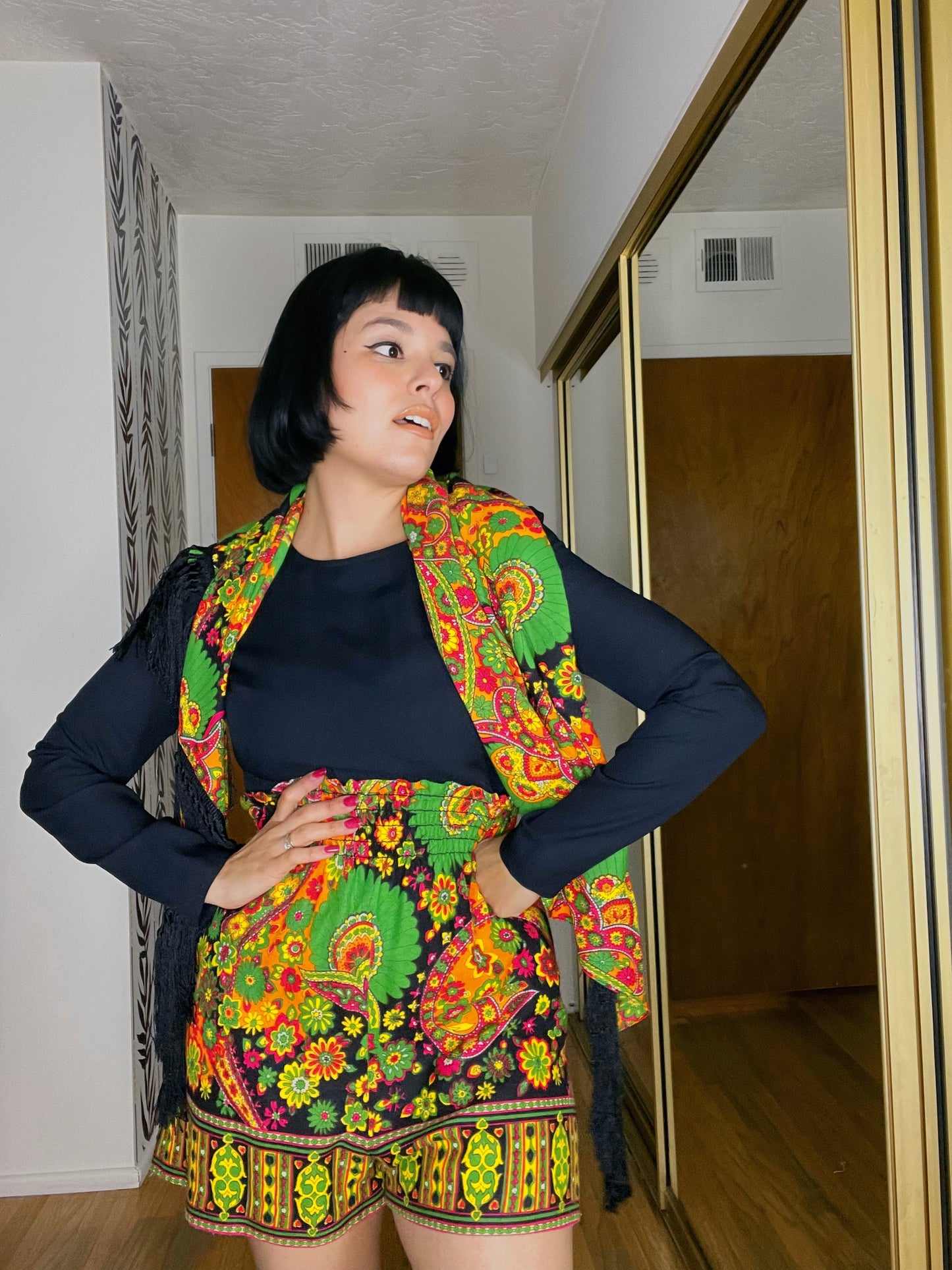 Vintage 60s / 70s Smock Waist Paisley Neon Print Romper with Matching Scarf Fits Sizes XS-SM