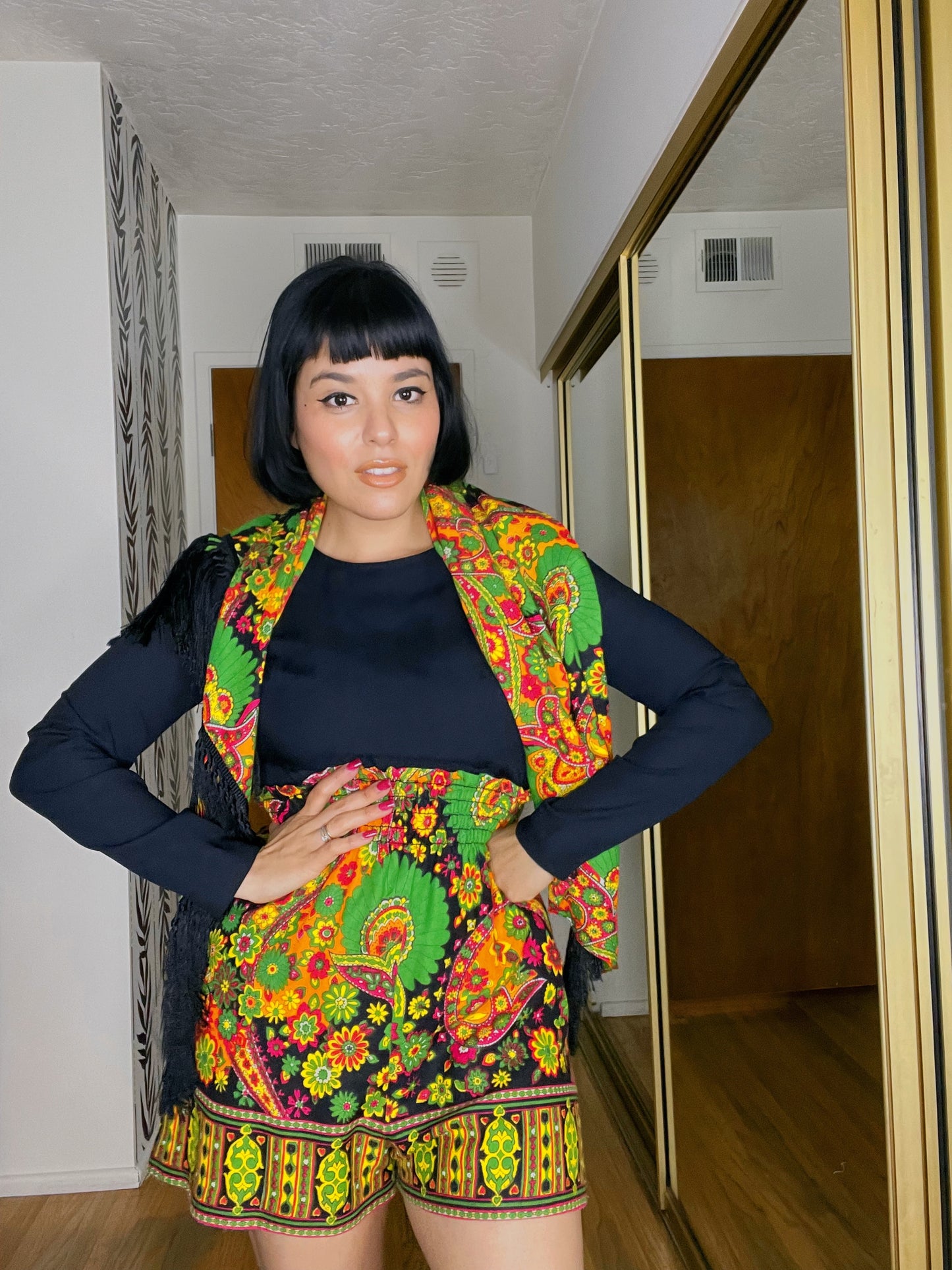 Vintage 60s / 70s Smock Waist Paisley Neon Print Romper with Matching Scarf Fits Sizes XS-SM