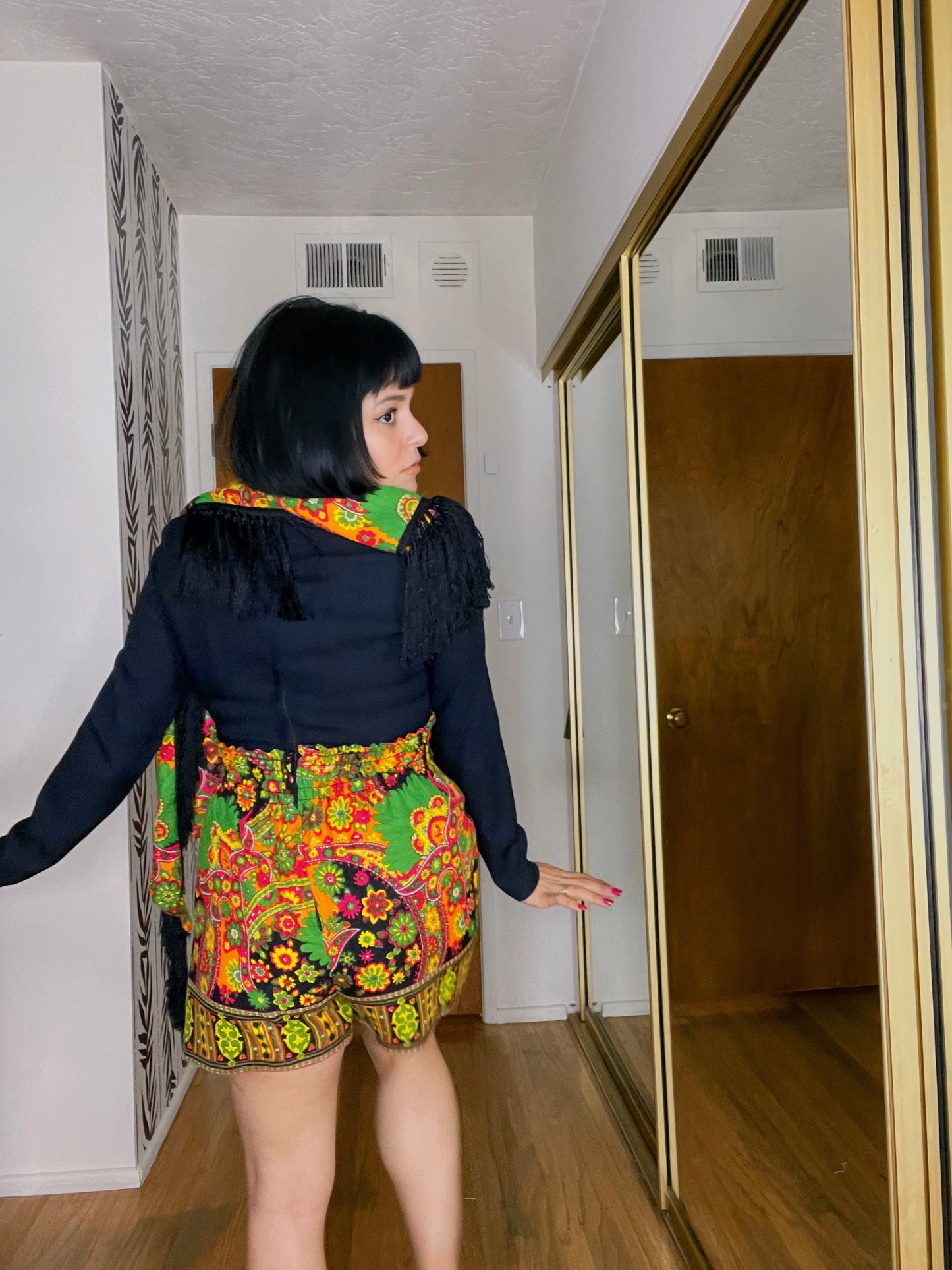 Vintage 60s / 70s Smock Waist Paisley Neon Print Romper with Matching Scarf Fits Sizes XS-SM