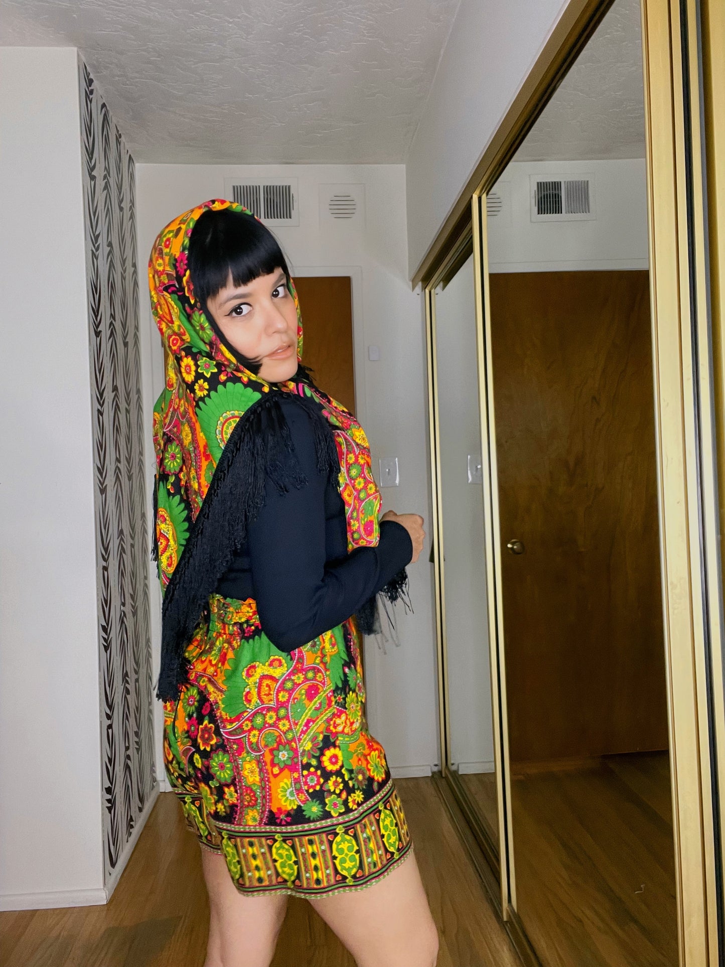 Vintage 60s / 70s Smock Waist Paisley Neon Print Romper with Matching Scarf Fits Sizes XS-SM