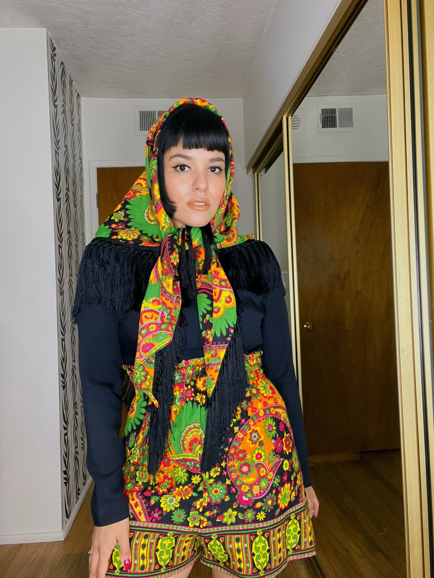 Vintage 60s / 70s Smock Waist Paisley Neon Print Romper with Matching Scarf Fits Sizes XS-SM