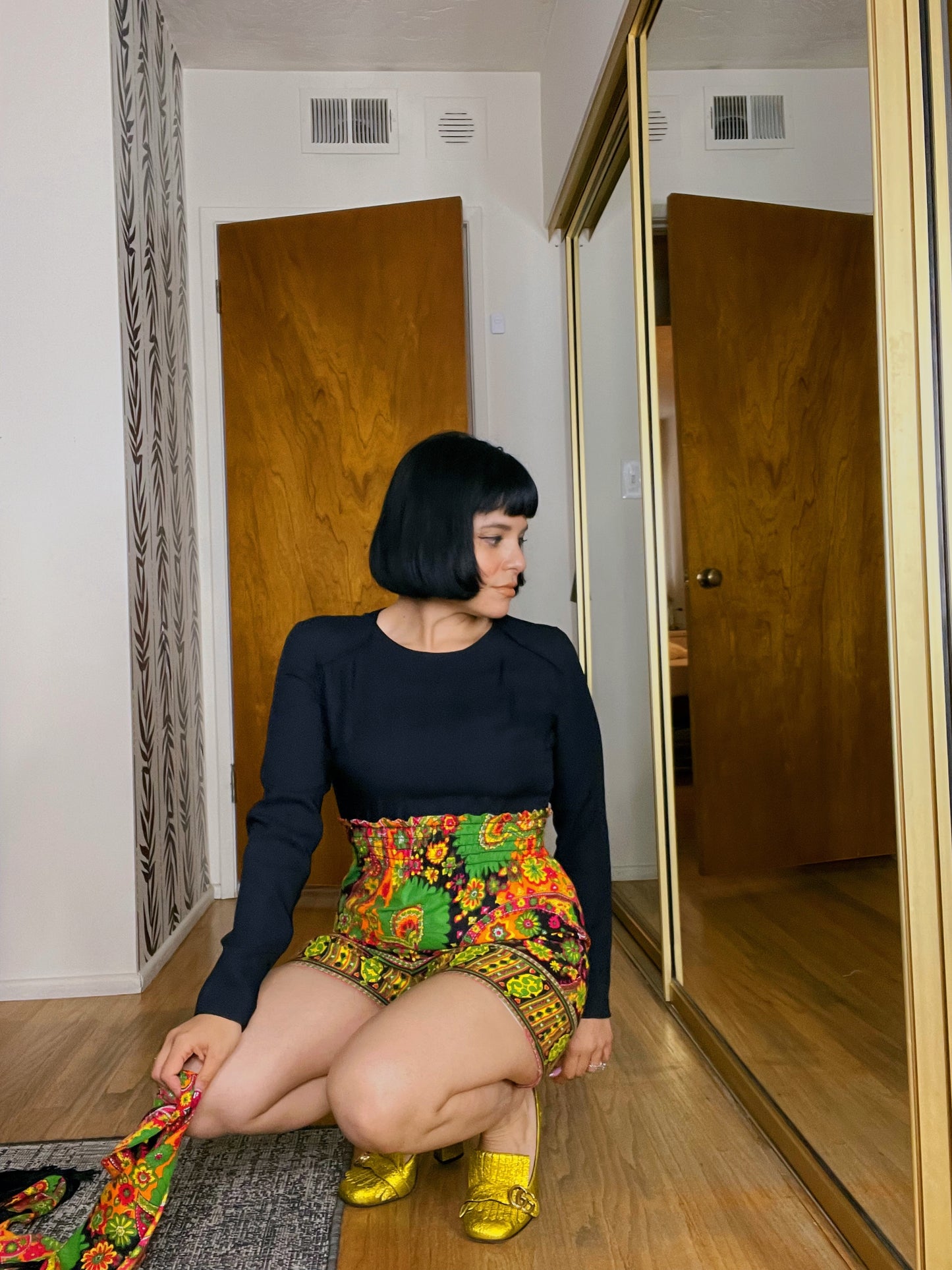 Vintage 60s / 70s Smock Waist Paisley Neon Print Romper with Matching Scarf Fits Sizes XS-SM