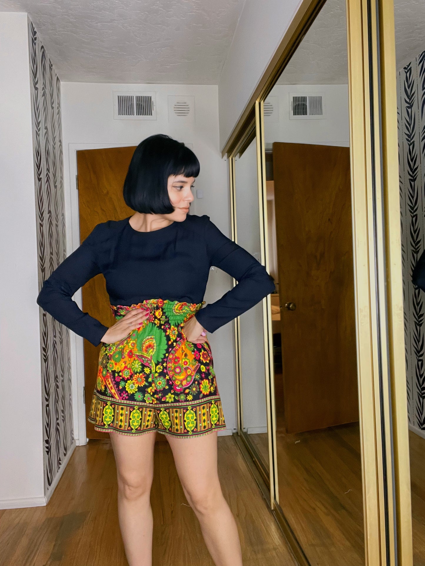 Vintage 60s / 70s Smock Waist Paisley Neon Print Romper with Matching Scarf Fits Sizes XS-SM