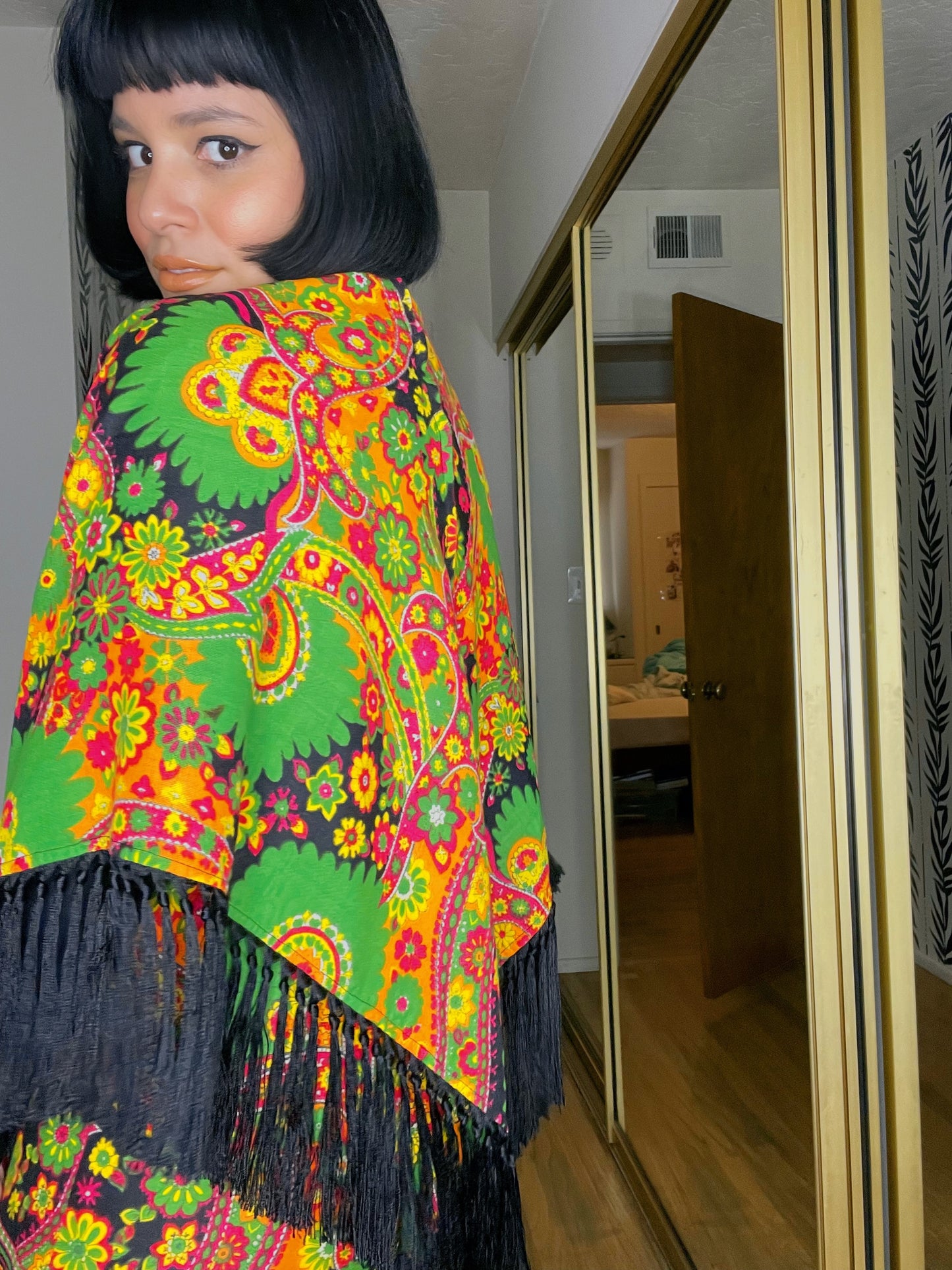 Vintage 60s / 70s Smock Waist Paisley Neon Print Romper with Matching Scarf Fits Sizes XS-SM