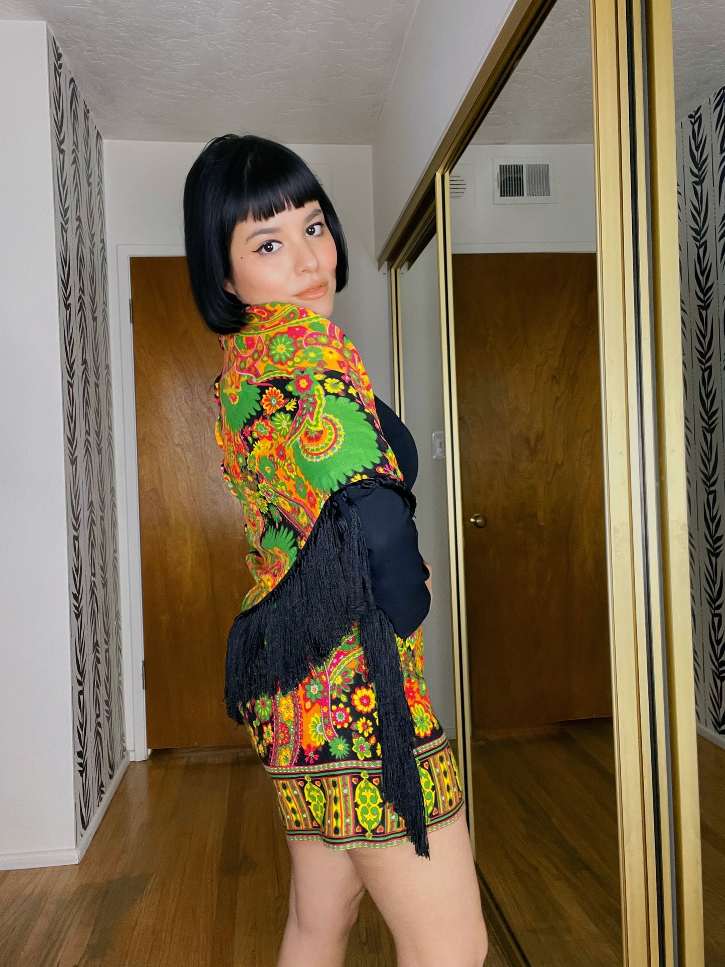 Vintage 60s / 70s Smock Waist Paisley Neon Print Romper with Matching Scarf Fits Sizes XS-SM