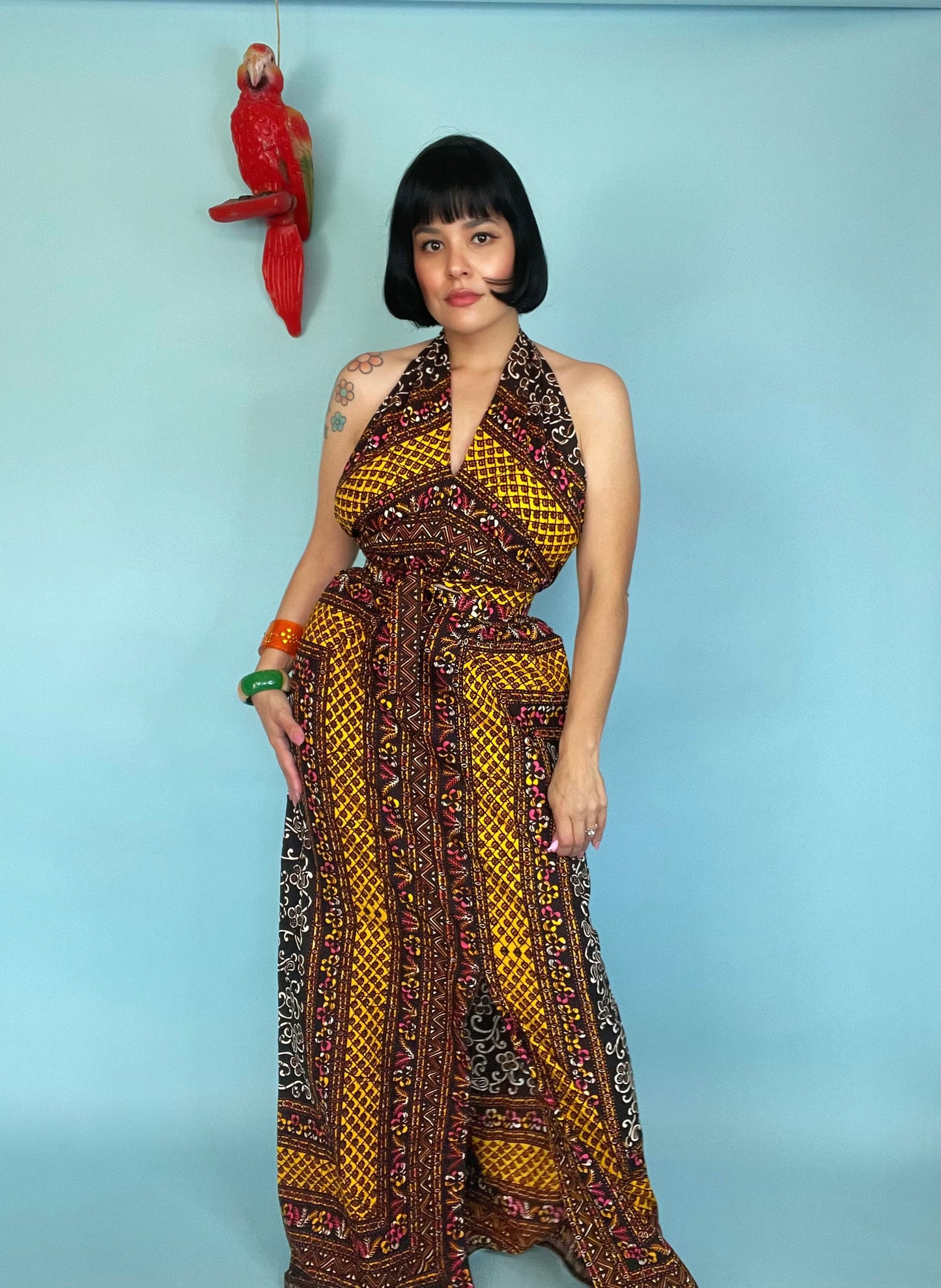 Vintage 1960s / 1970s Polished Cotton Material Adjustable Halter with matching Skirt Set Fits Sizes XS-S