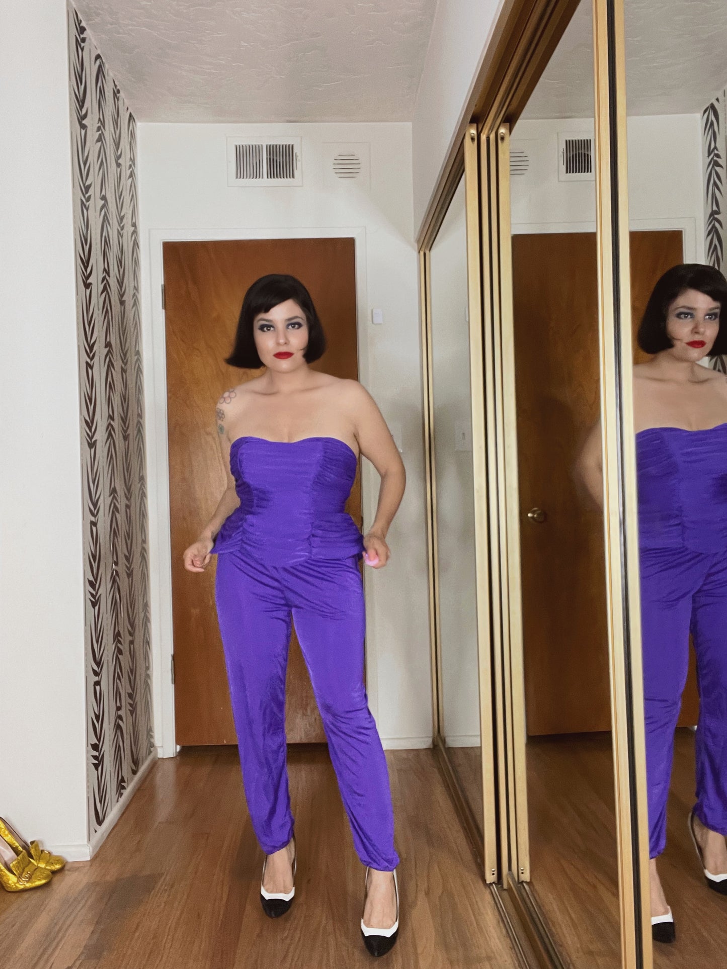 Vintage 1980s Ruched Purple Rain Strapless Built in Boning Jumpsuit Fits Sizes XS-SM & Possible Size M