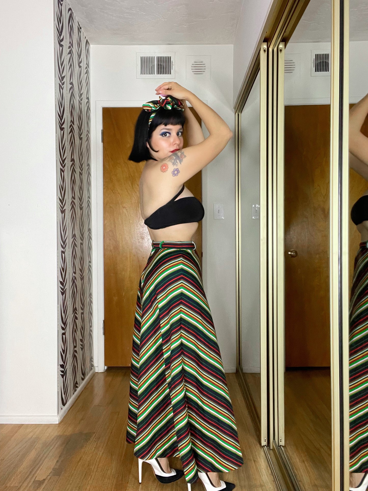 Vintage 1970s Multi Colored Chevron High Waisted Maxi Skirt Fits Sizes XS-S