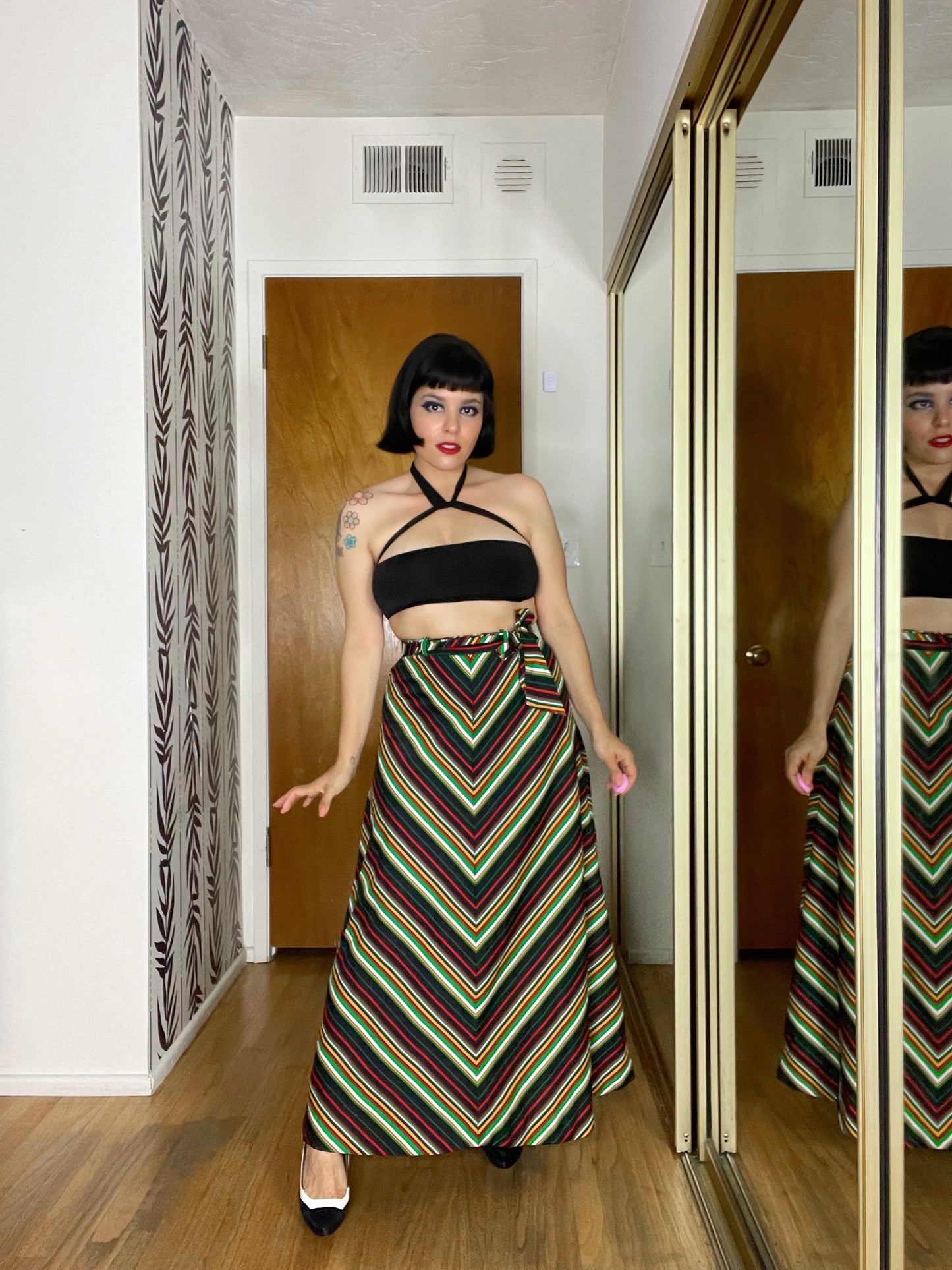 Vintage 1970s Multi Colored Chevron High Waisted Maxi Skirt Fits Sizes XS-S