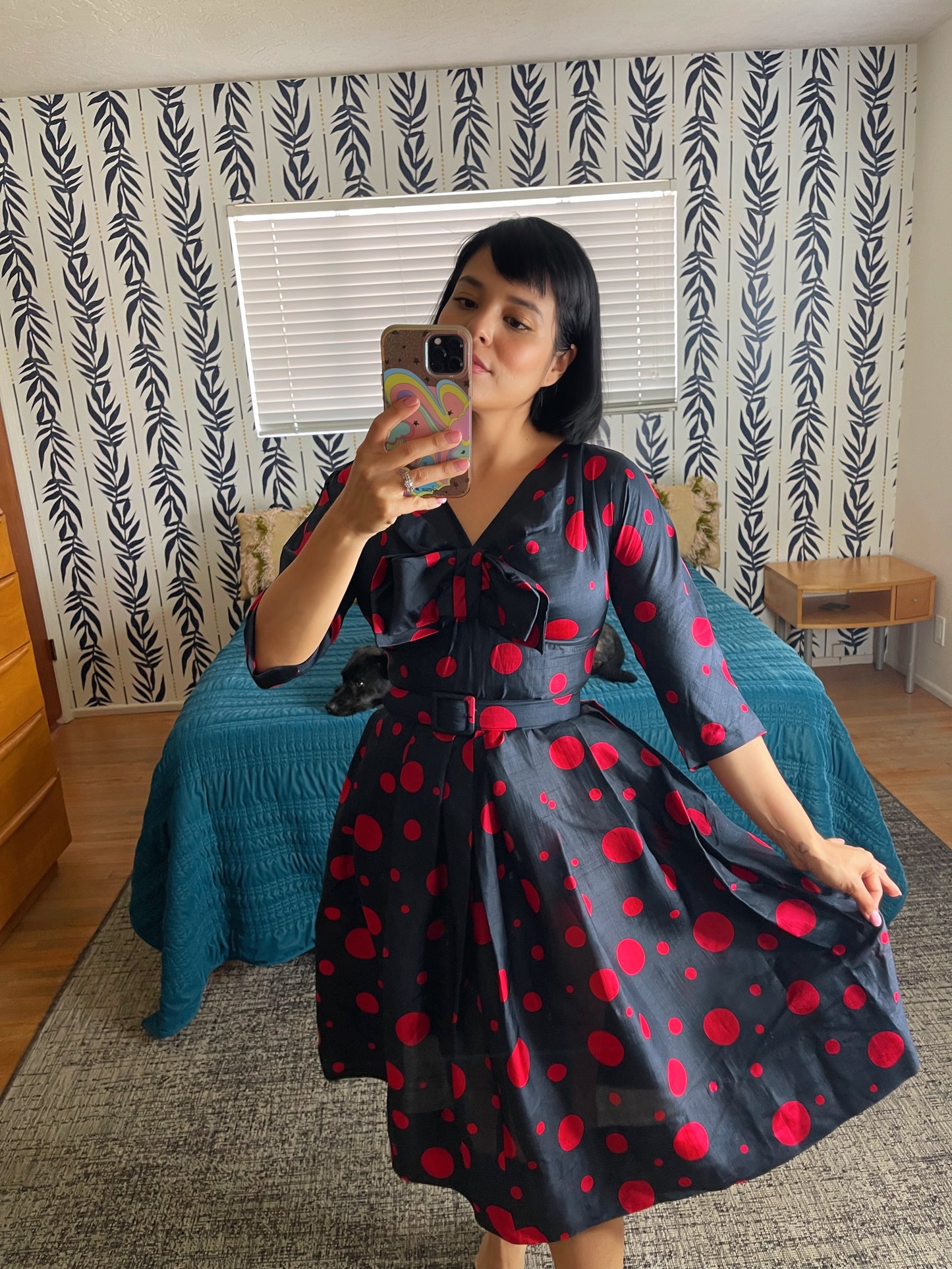 Vintage 50s 60s Red and Black Silk Blend Abstract Polka Dot Fit n Flare Dress with Attached Front Bow Fits Sizes XS