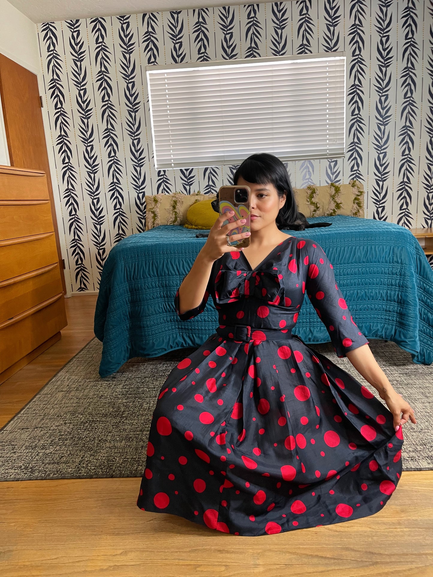 Vintage 50s 60s Red and Black Silk Blend Abstract Polka Dot Fit n Flare Dress with Attached Front Bow Fits Sizes XS