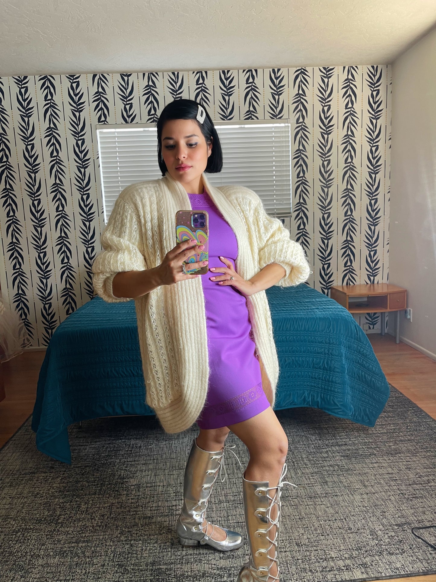 Vintage 60s Mod Purple Peek-a-Boo Sleeves Go Go Style Dress with Floral Lace Paneling Fits Sizes XS-S