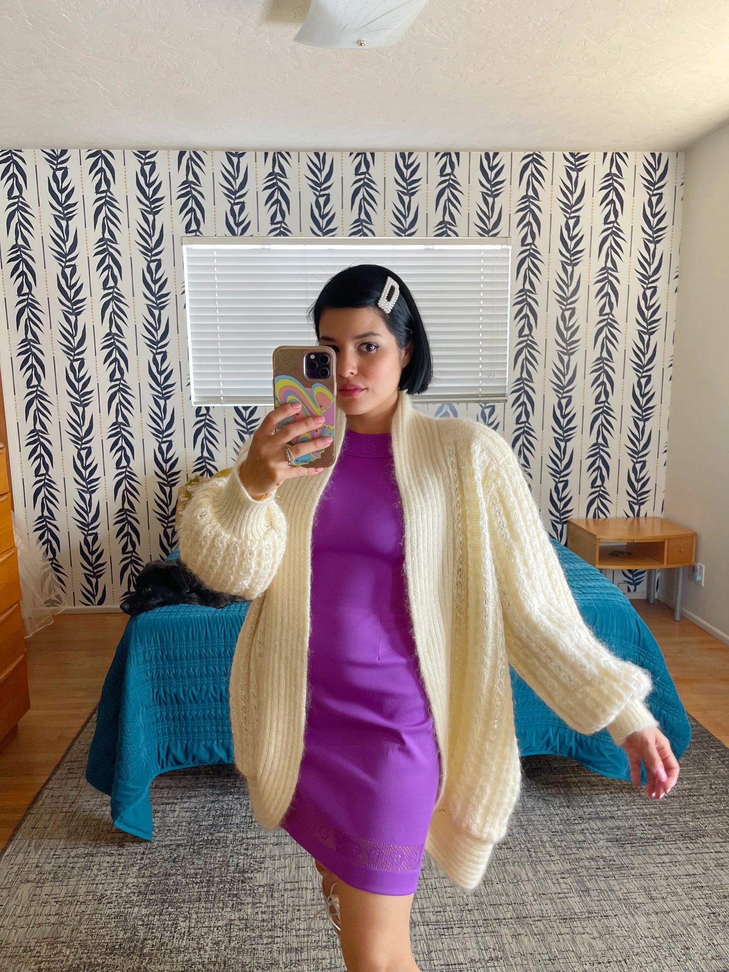Vintage 80s "Eddie Dassin" Ivory Colored Wool Mohair Poly Blend Balloon Sleeve Cocoon Style Cardigan One Size Fits Most