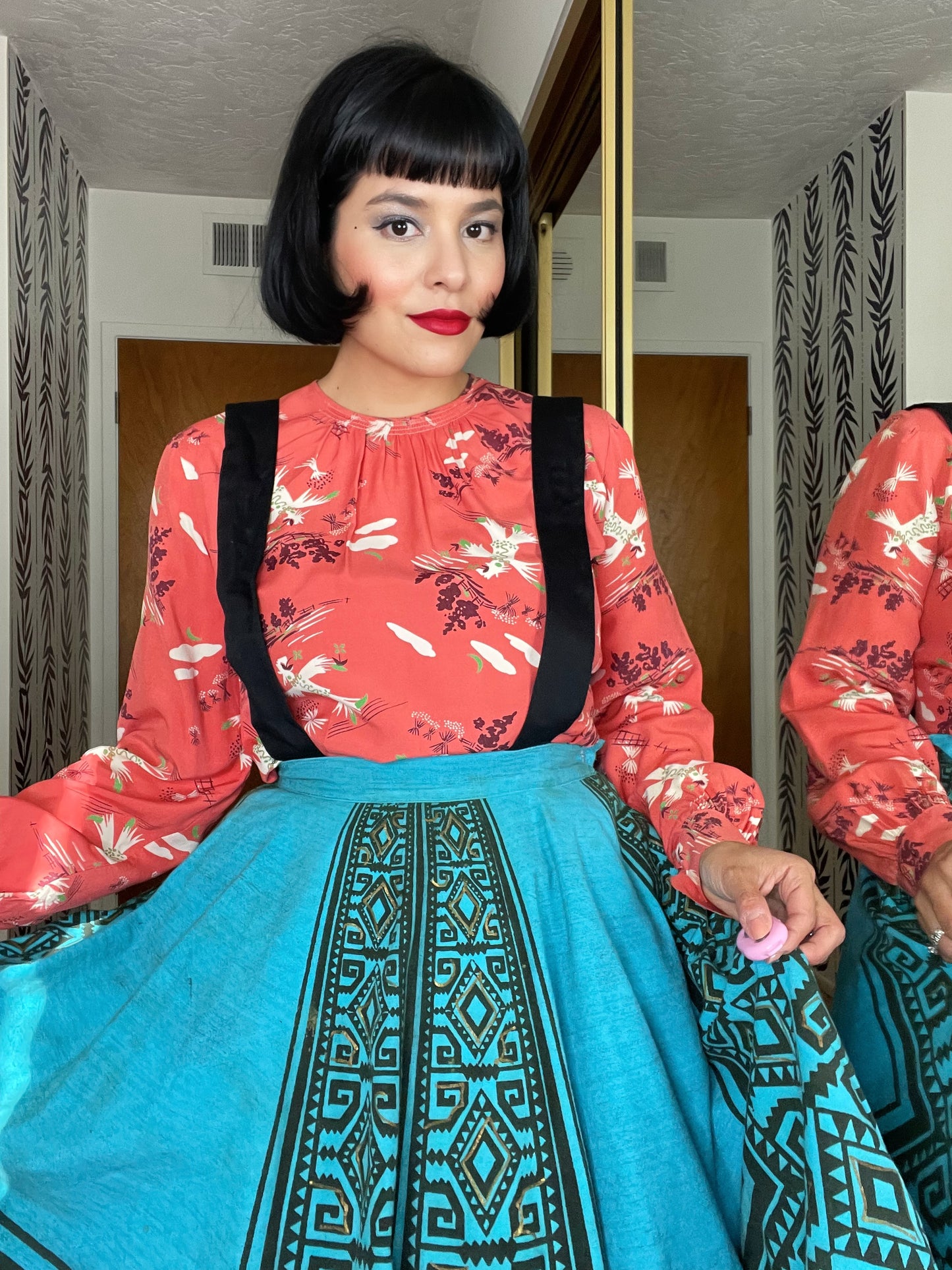 Vintage 50s / 60s Teal Turquoise Geometric Circle Skirt Pinafore Dress Fits Sizes S-M