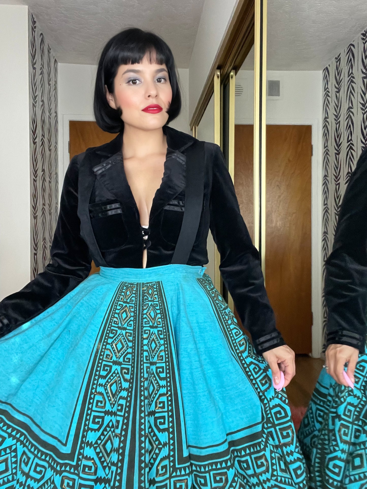 Vintage 50s / 60s Teal Turquoise Geometric Circle Skirt Pinafore Dress Fits Sizes S-M