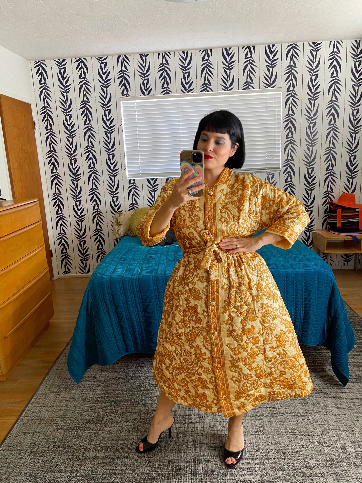Vintage 60s Quilted Paisley Bold Princess Coat/ Dress Fits Sizes XS-M