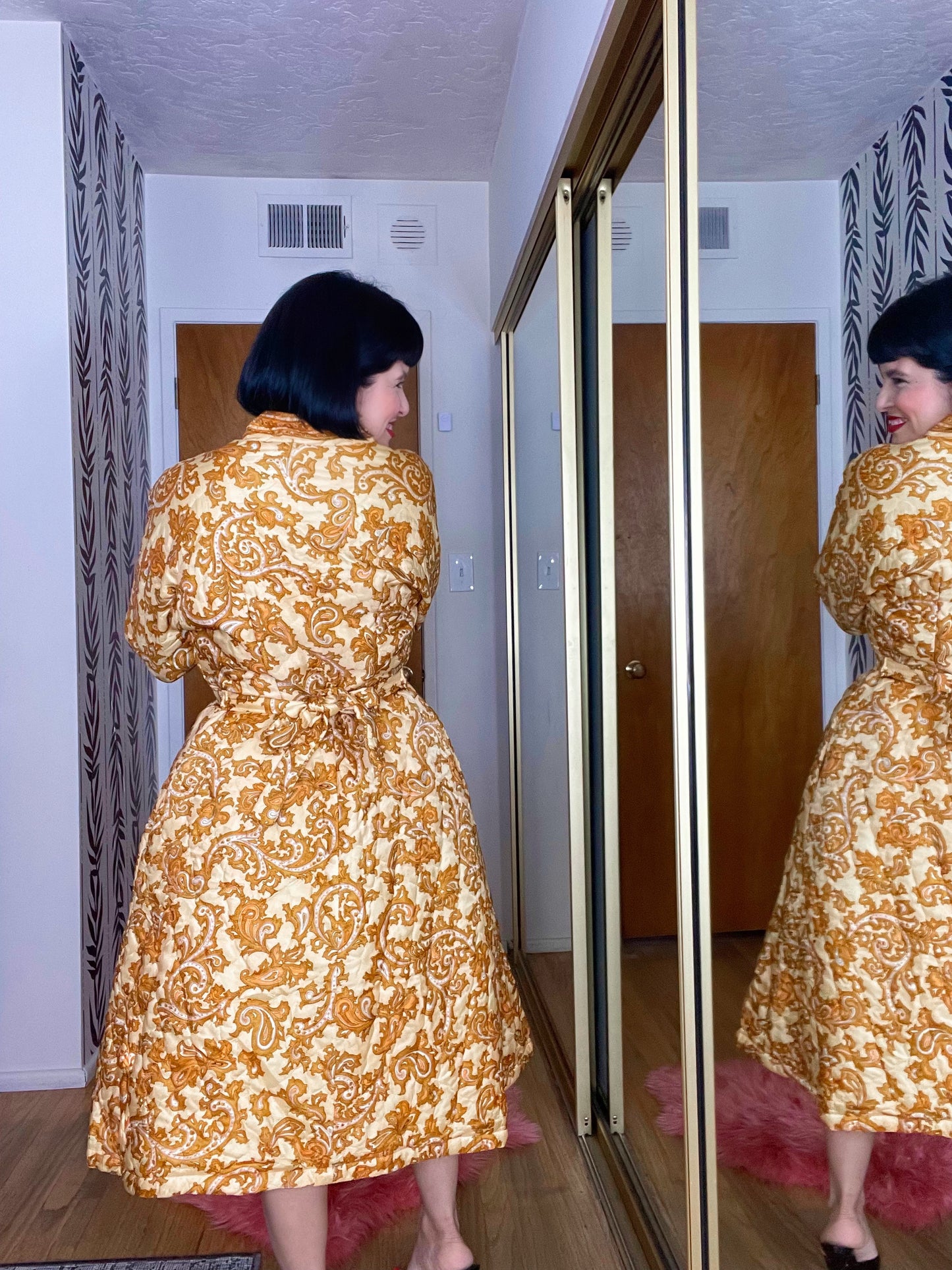 Vintage 60s Quilted Paisley Bold Princess Coat/ Dress Fits Sizes XS-M