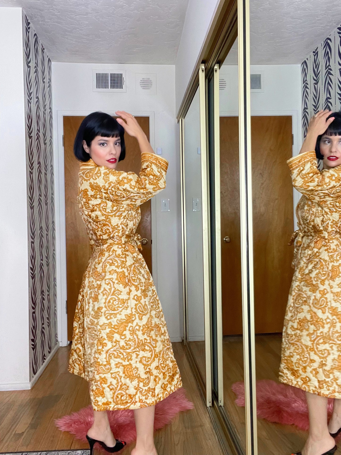Vintage 60s Quilted Paisley Bold Princess Coat/ Dress Fits Sizes XS-M