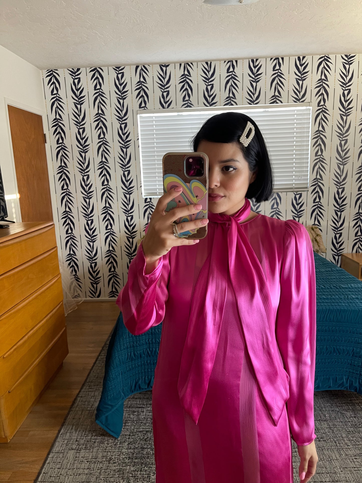 Vintage 70s Fuchsia Pink Sheer Panel Silk Shift Style Pull Over Dress Fits Sizes XS to Possible M